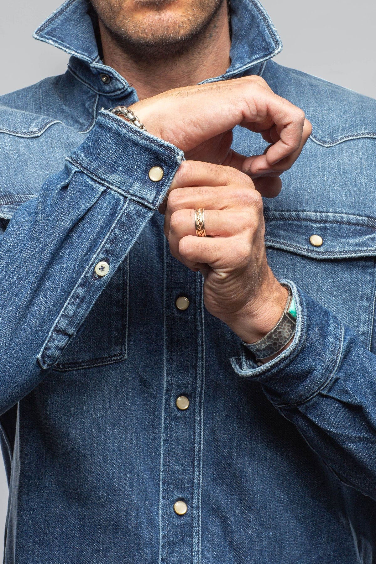 Axel's Premium Denim Roper Over-Dyed Western Snap Shirt In Medium