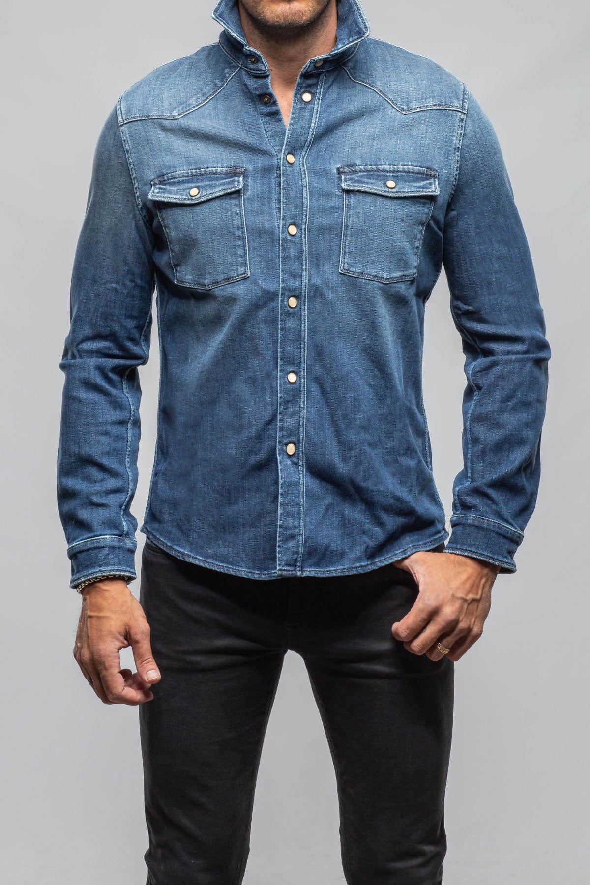 Axel's Premium Denim Roper Over-Dyed Western Snap Shirt In Medium