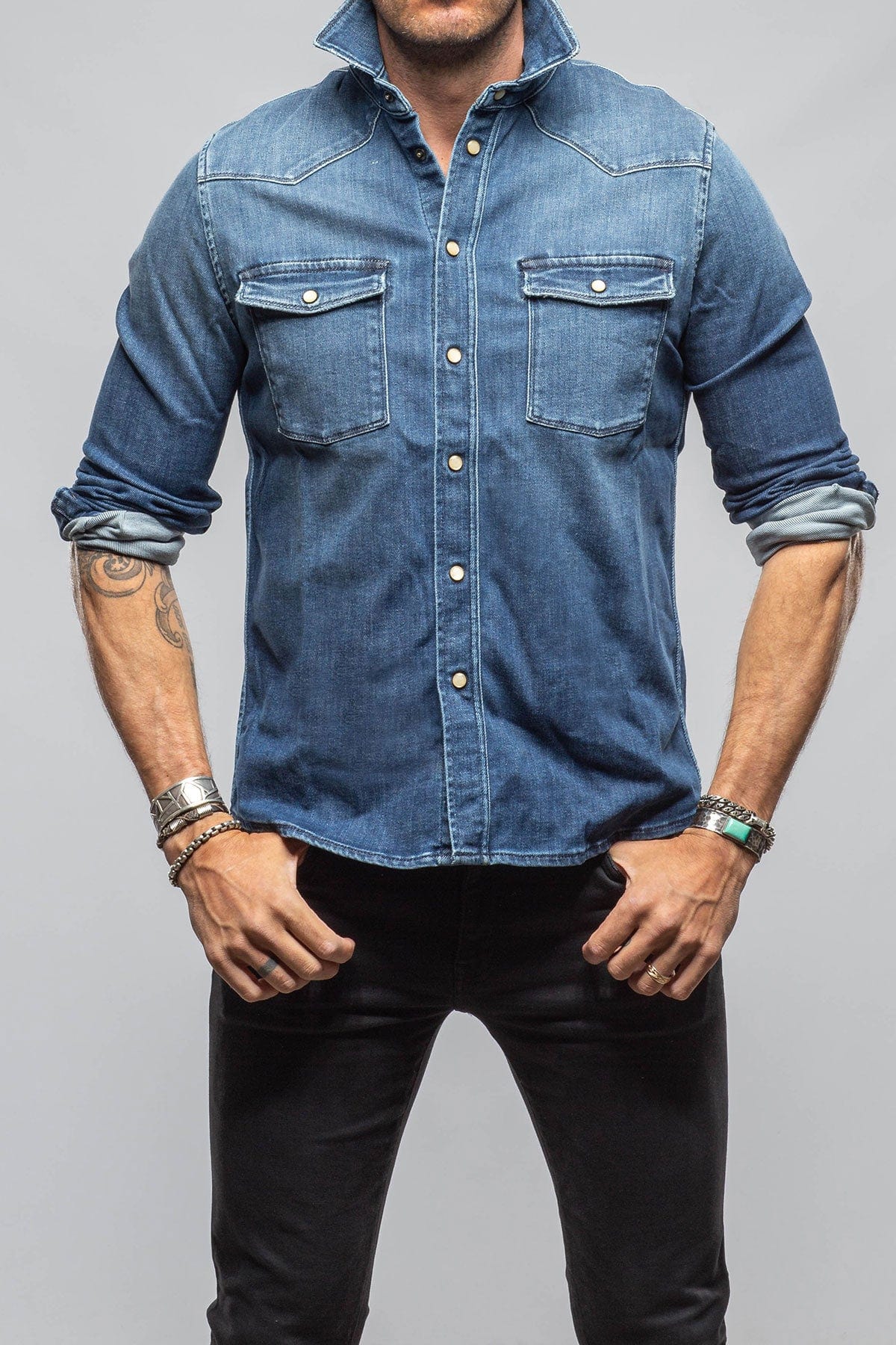 Axel's Premium Denim Roper Over-Dyed Western Snap Shirt In Medium