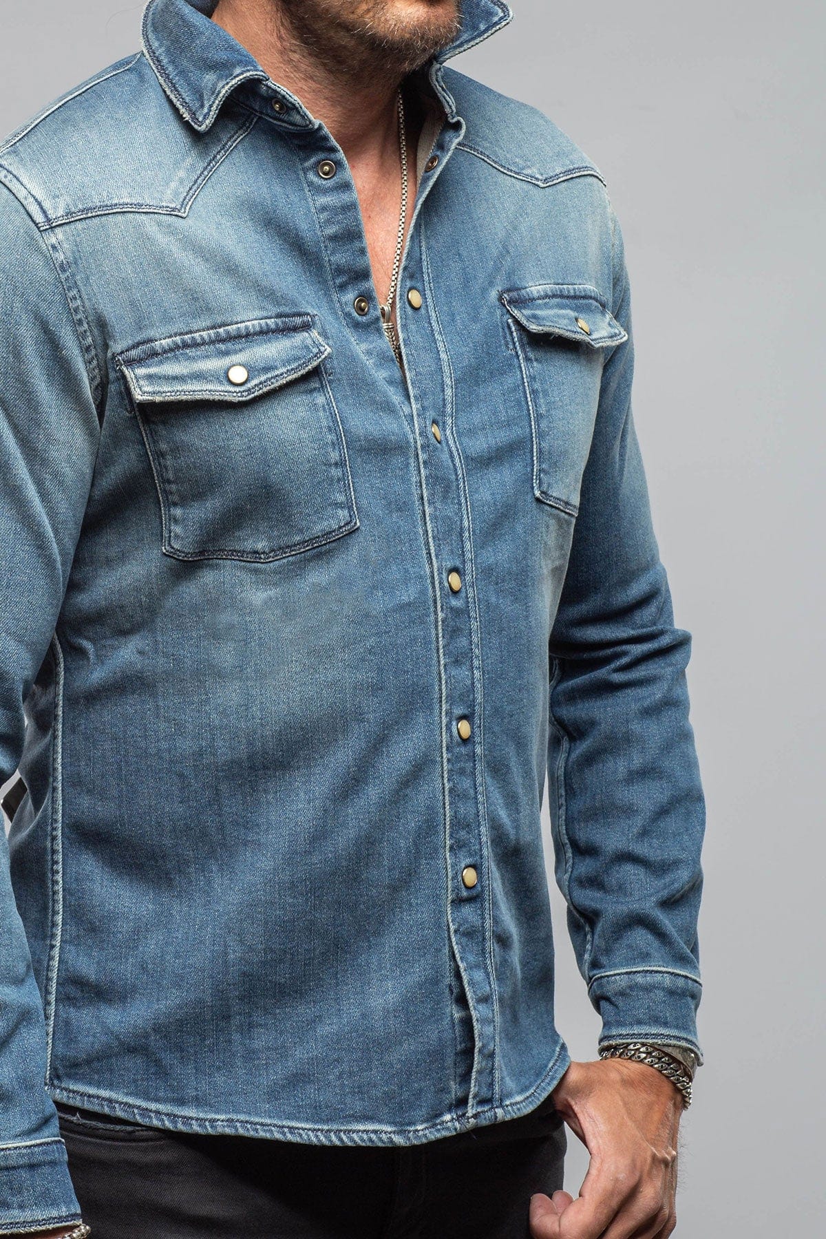 Axel's Premium Denim Roper Over-Dyed Western Snap Shirt In Mid Blue Mens - Snap Shirts
