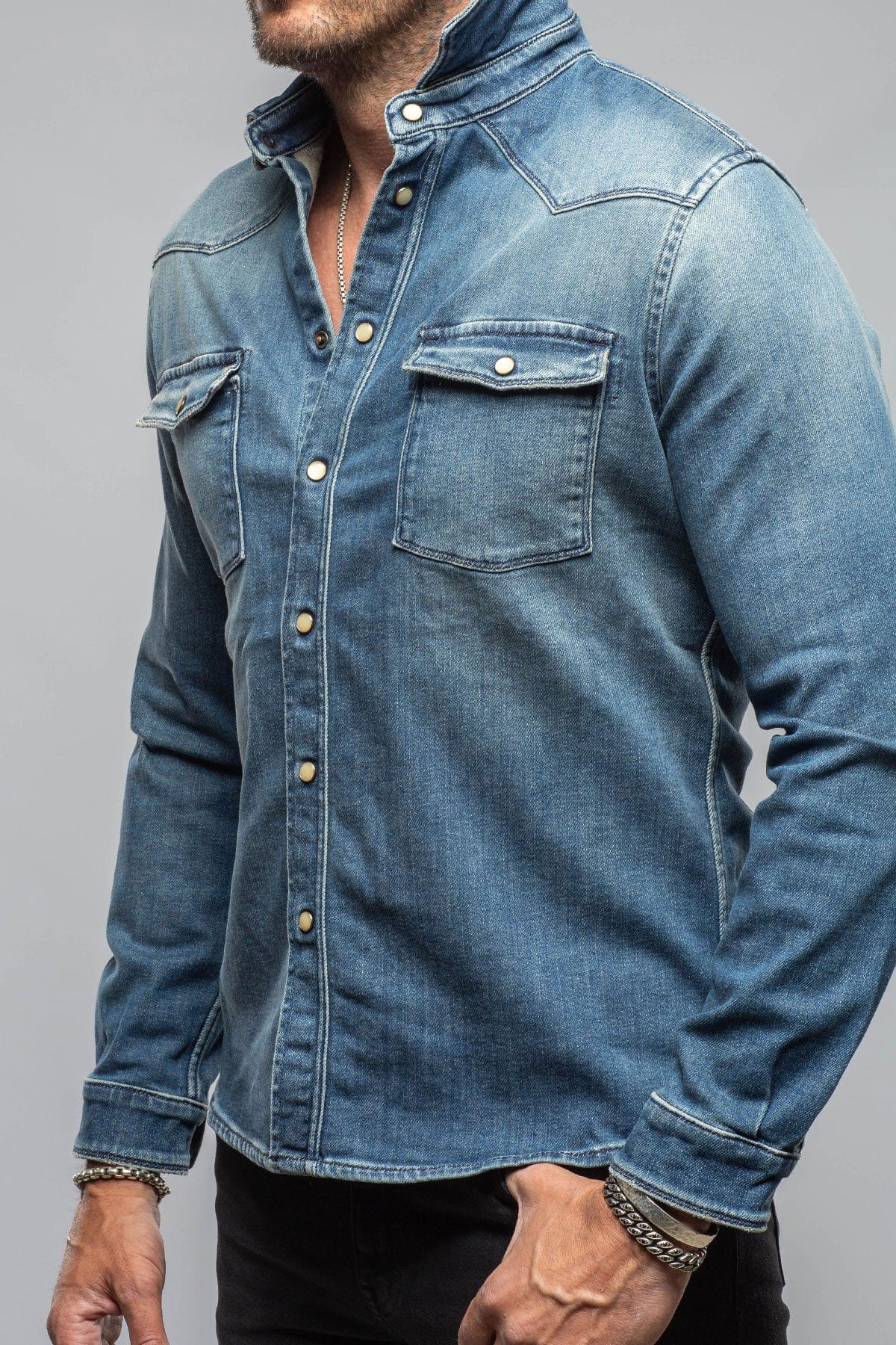 Axel's Premium Denim Roper Over-Dyed Western Snap Shirt In Mid Blue Mens - Snap Shirts