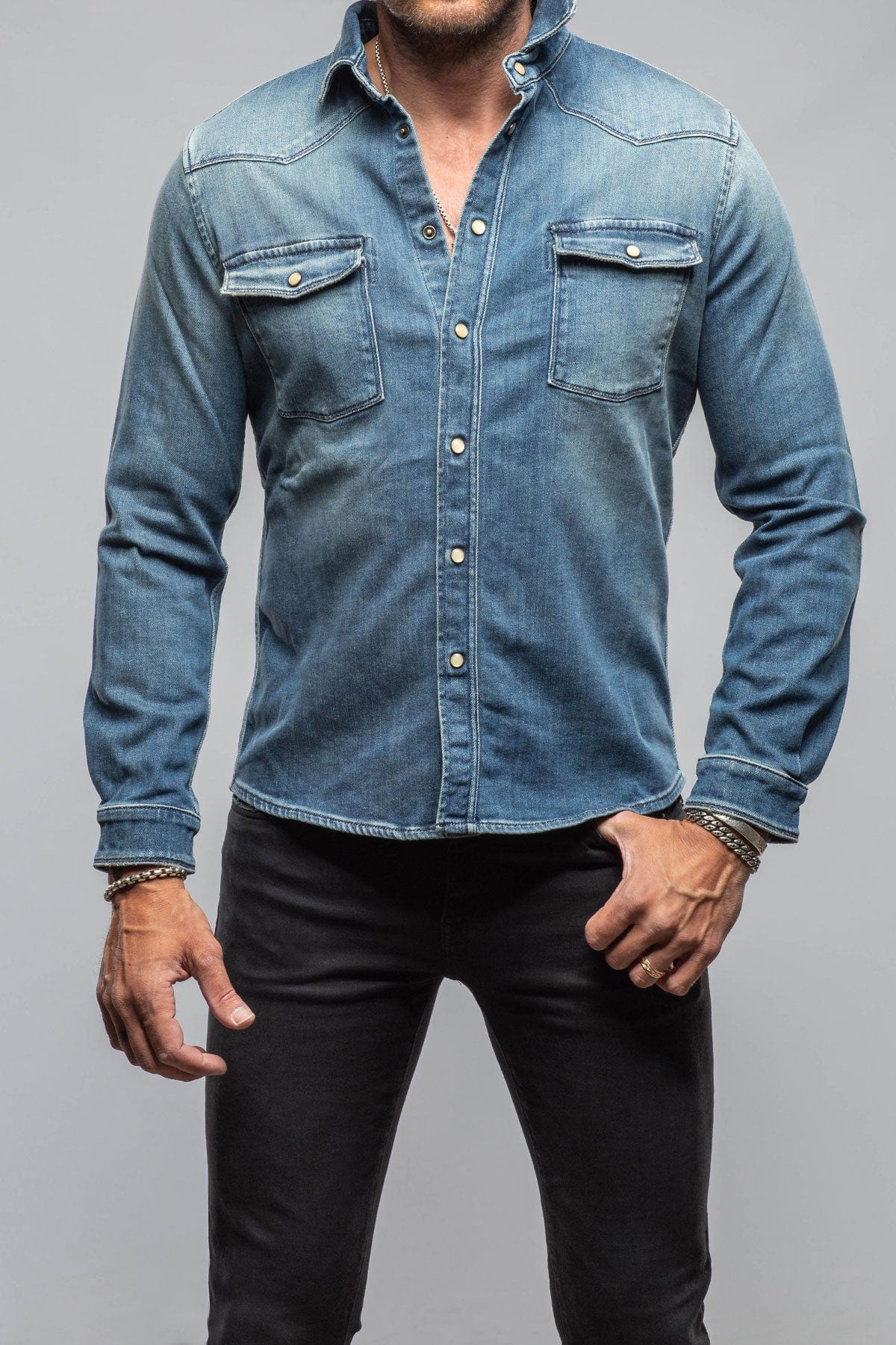 Axel's Premium Denim Roper Over-Dyed Western Snap Shirt In Mid Blue Mens - Snap Shirts