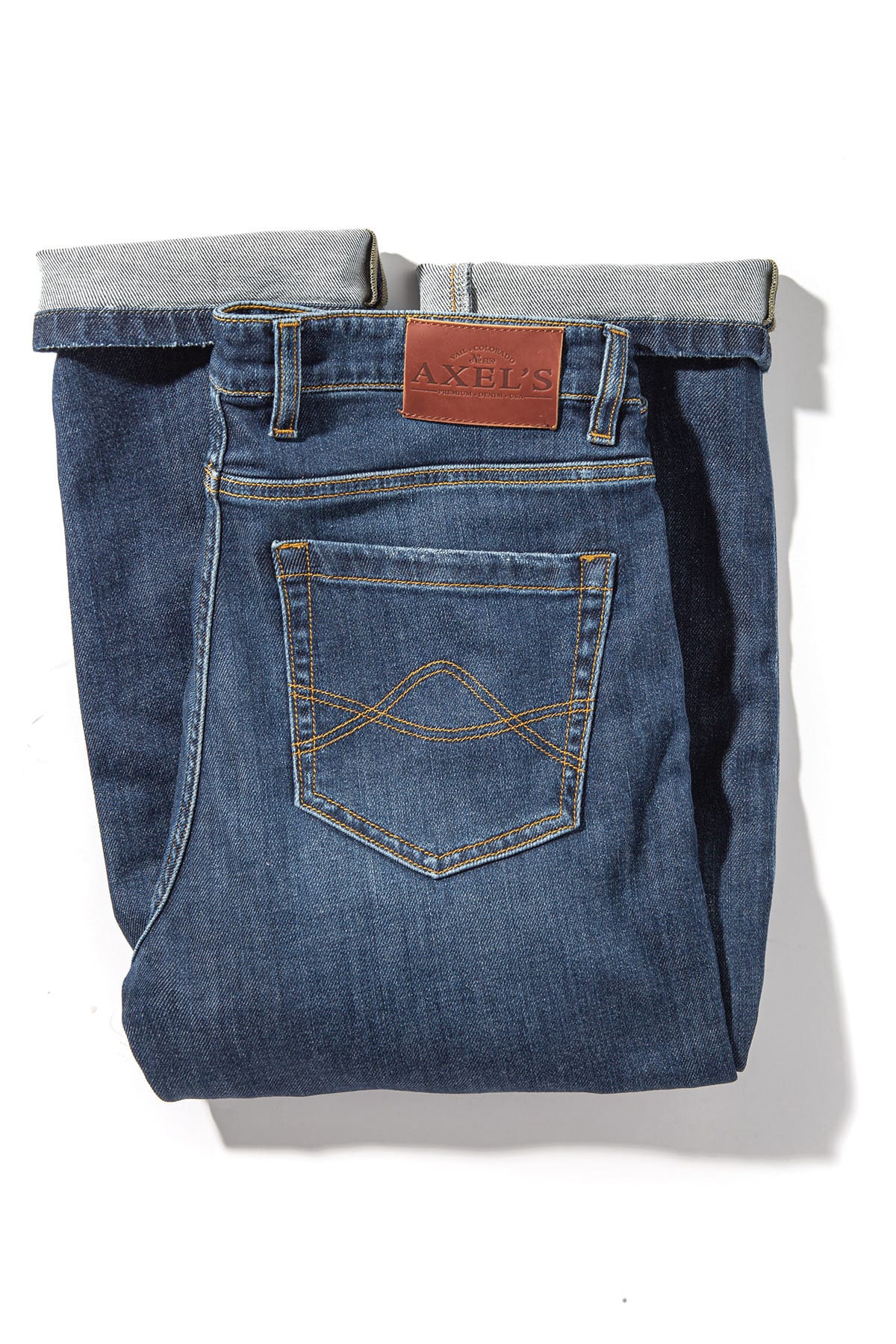 Axel's Premium Denim | Sedona Denim In Dark Blue Gold Stitch