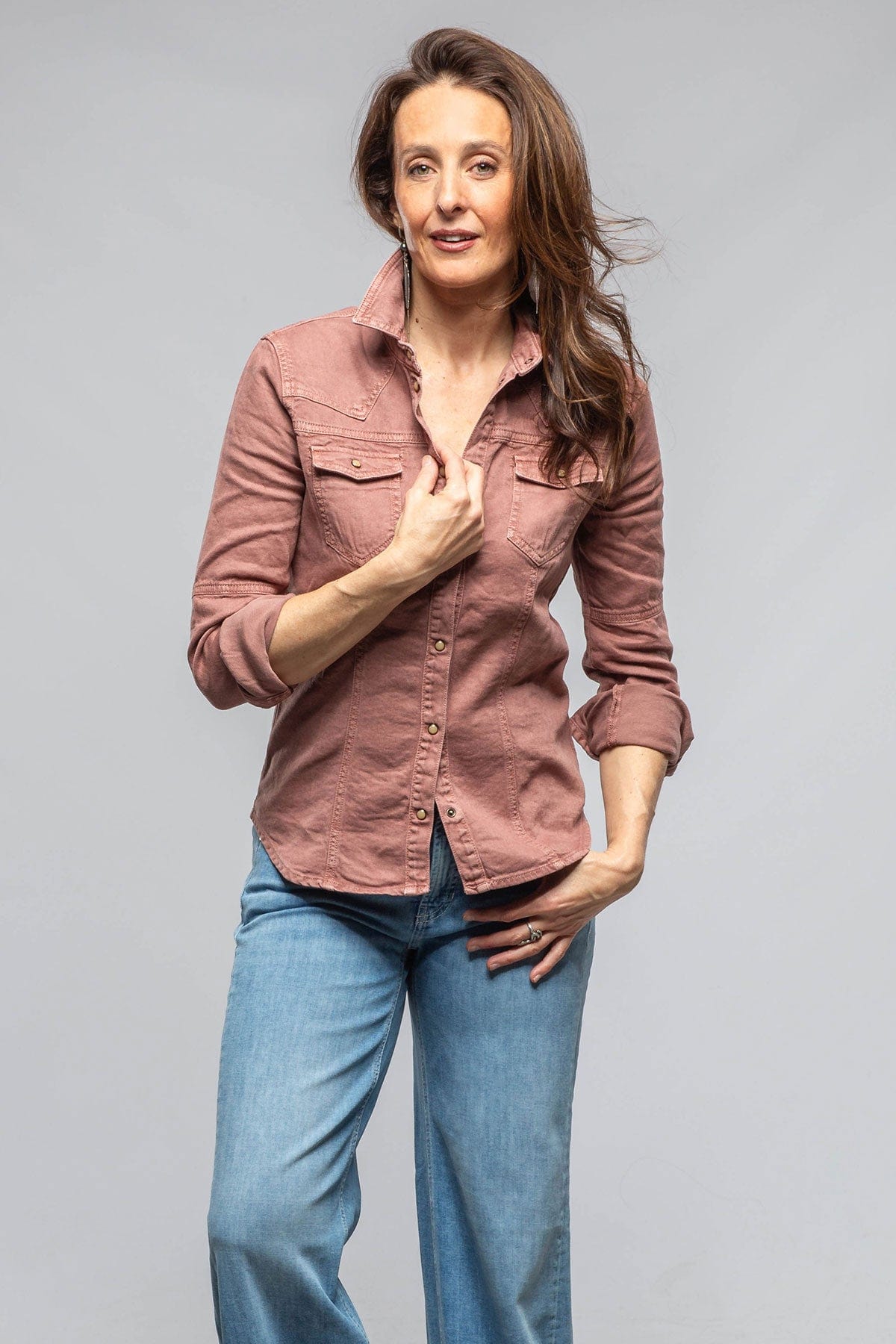 Axel's Premium Denim Yarmony Linen Cotton Denim Shirt In Fired Brick Ladies - Tops