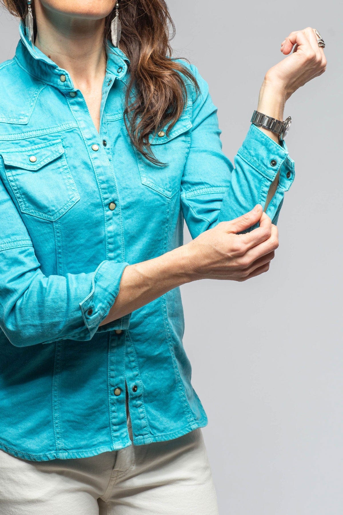 Yarmony Linen-Cotton Snap Shirt In Turquoise - AXEL'S