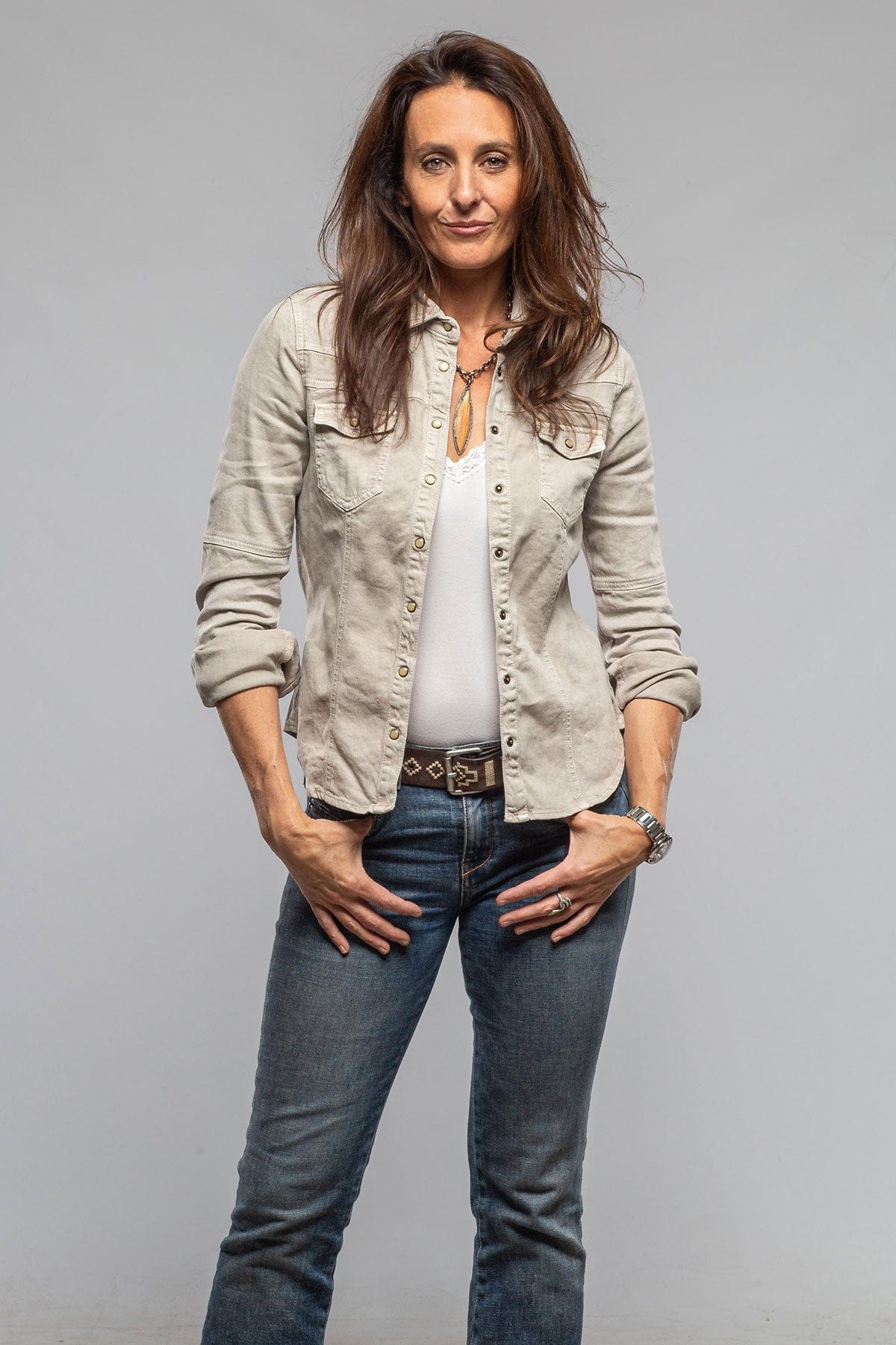 Axel's Premium Denim Yarmony Linen-Cotton Snap Shirt In Sasso Ladies - Snap Shirts