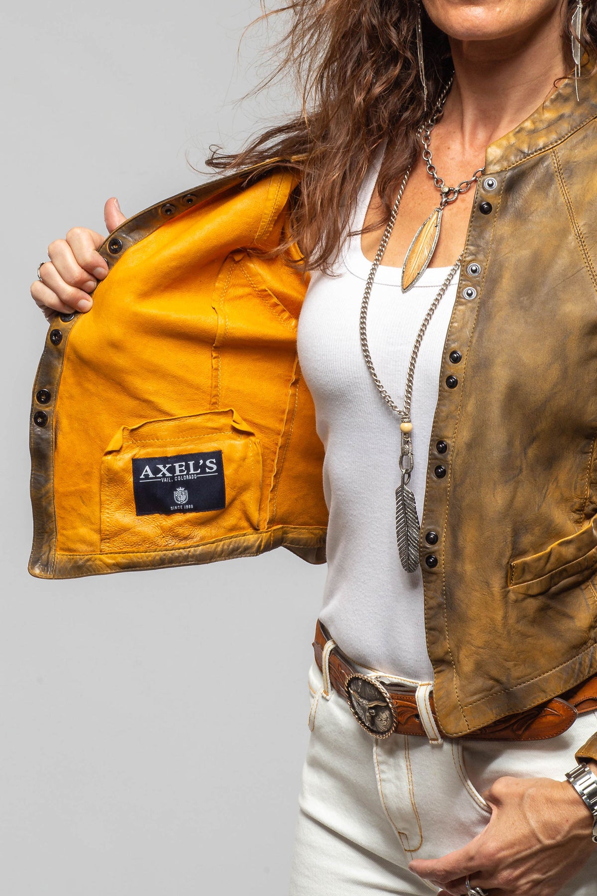 Axel's Renegade by Garrett Breck Short Leather Jacket In Charred Sunflower Ladies - Outerwear - Leather