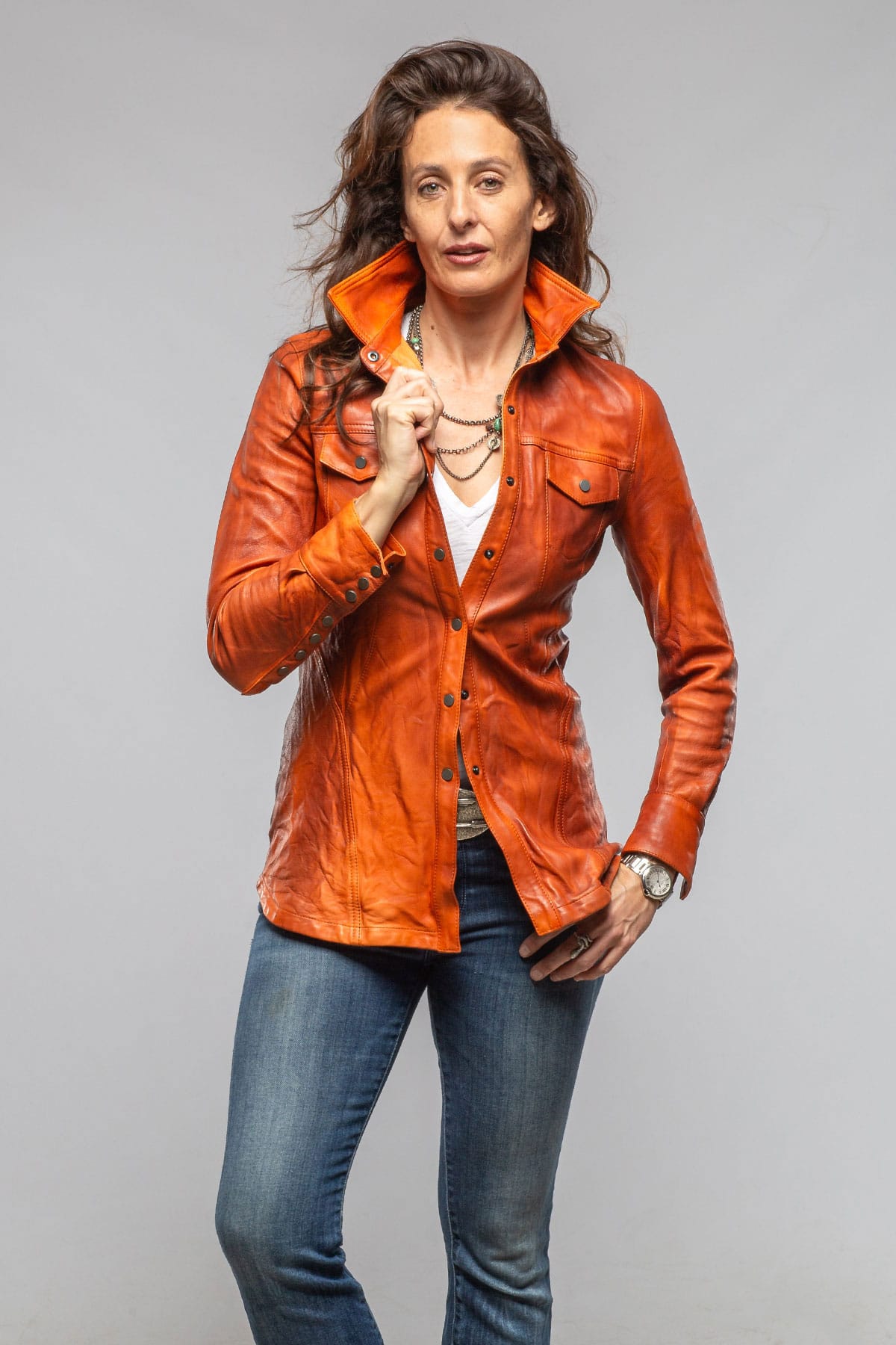 Leah Lambskin Snap Shirt In Charred Orange - AXEL'S