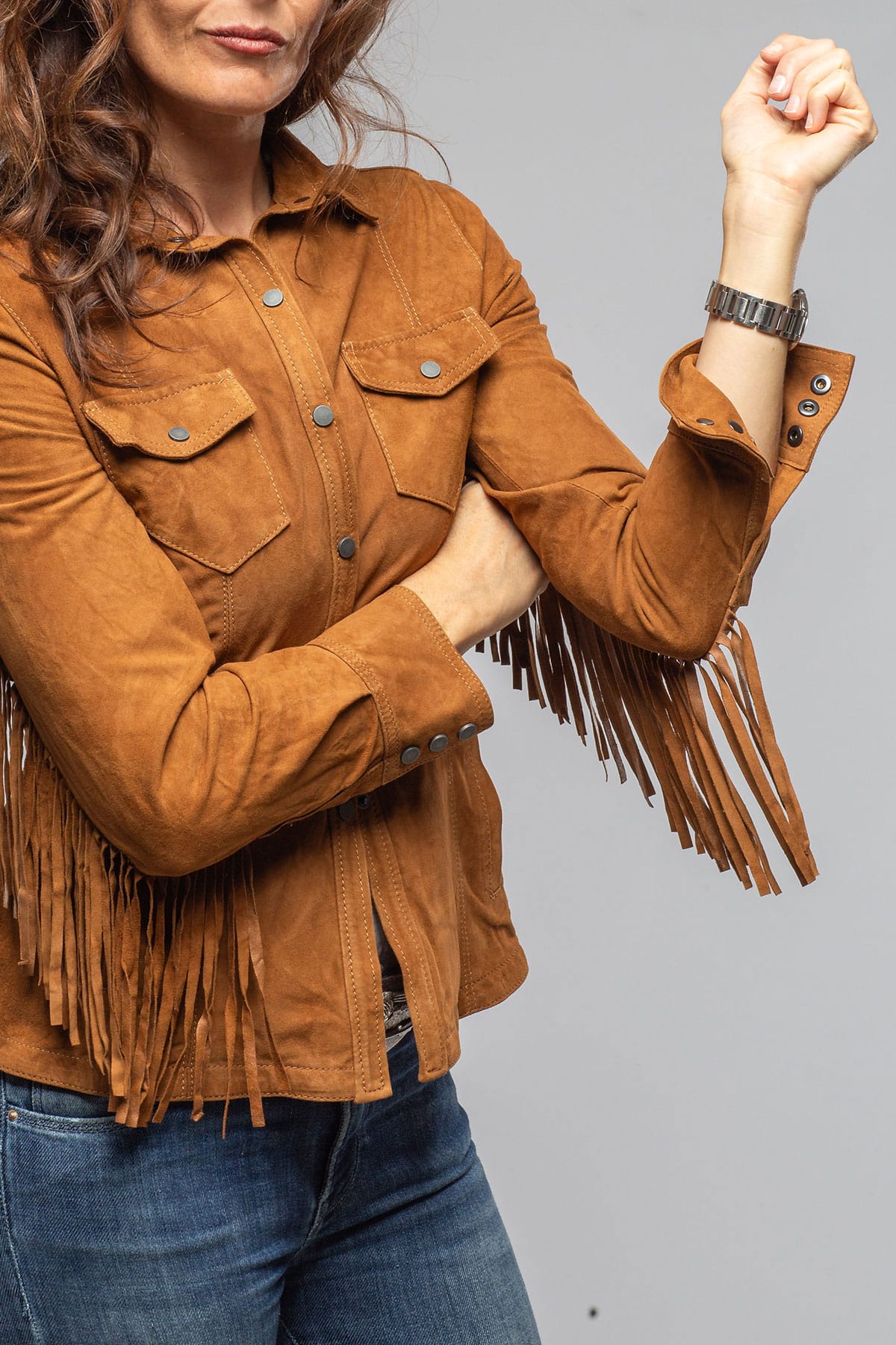 Leanne Suede Snap Shirt In Tobacco - AXEL'S