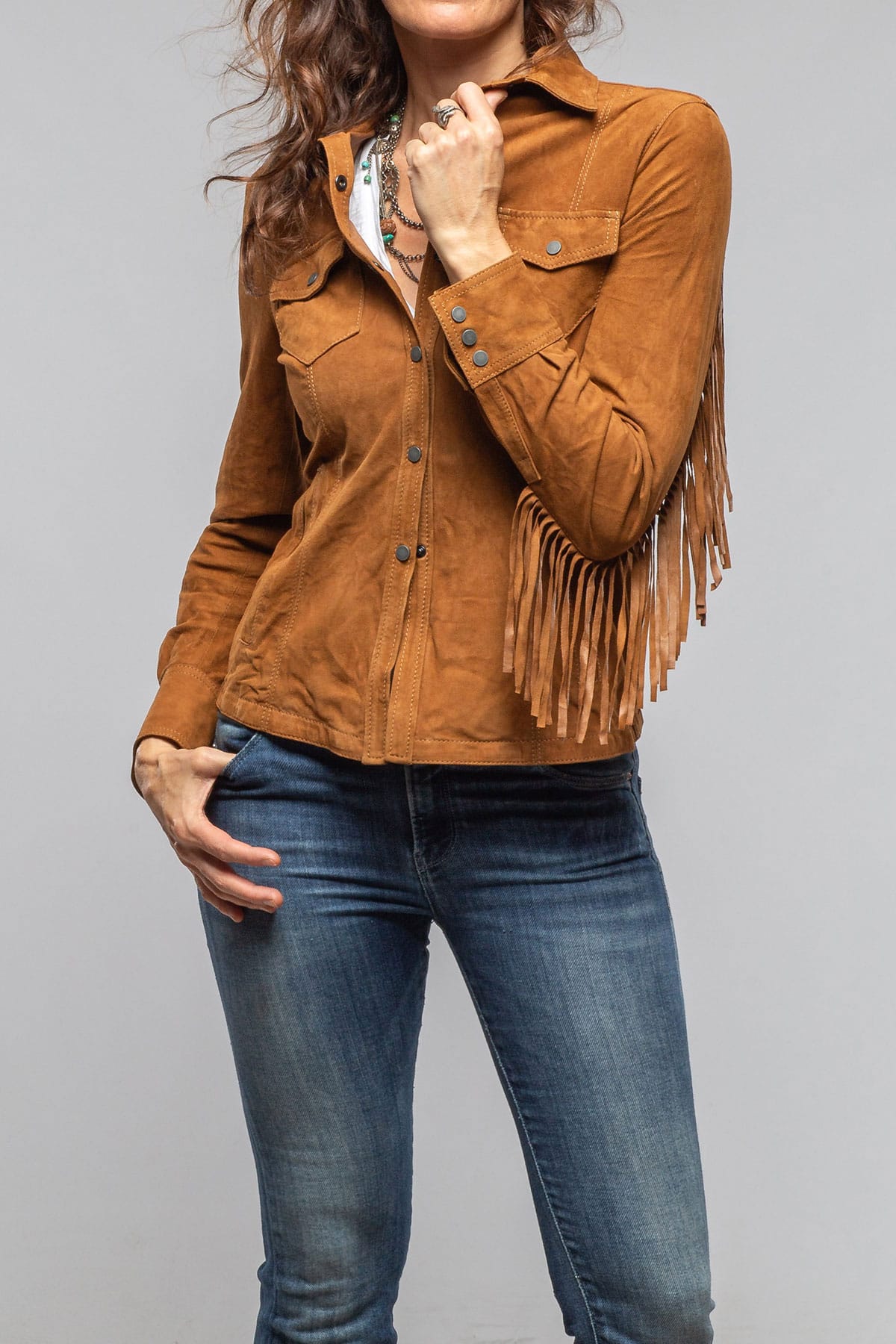 Leanne Suede Snap Shirt In Tobacco - AXEL'S