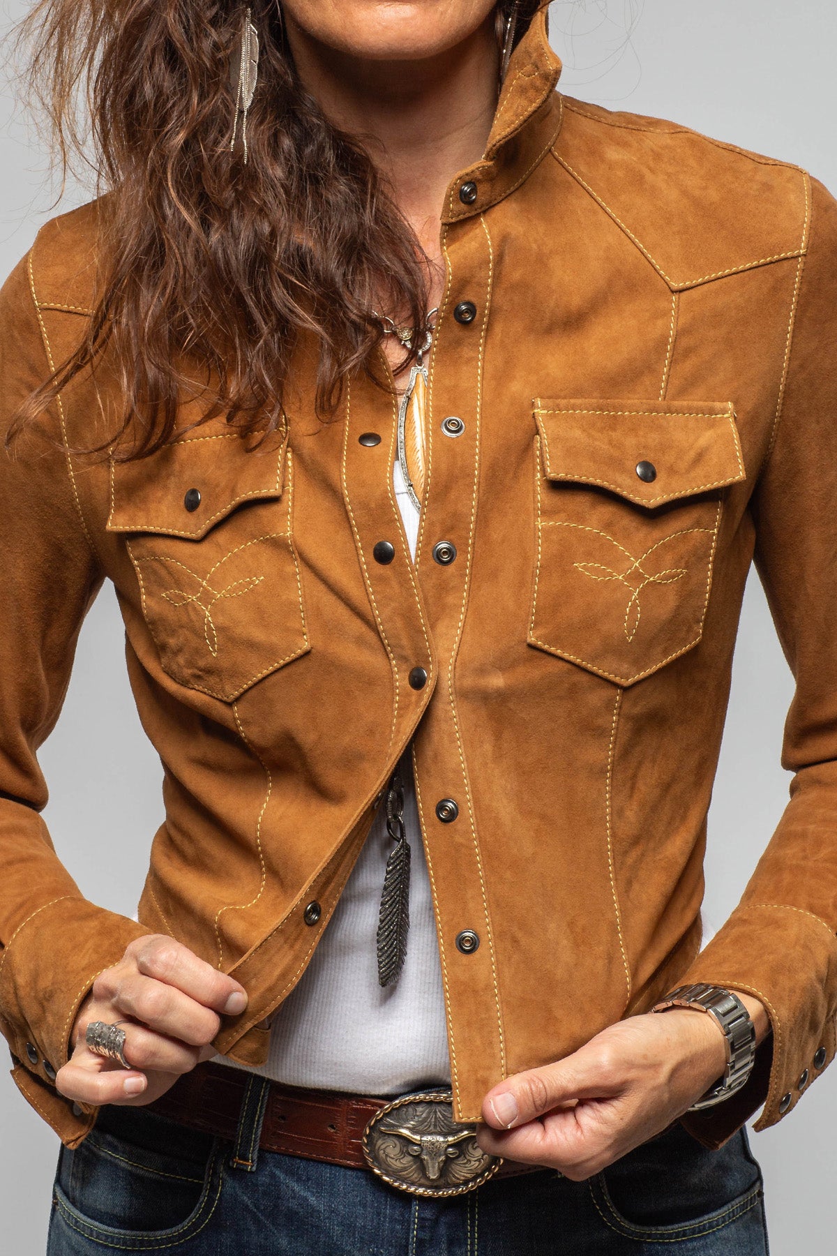 Axel's Renegade by Garrett Marty Suede Western Shirt In Cognac Ladies - Outerwear - Leather