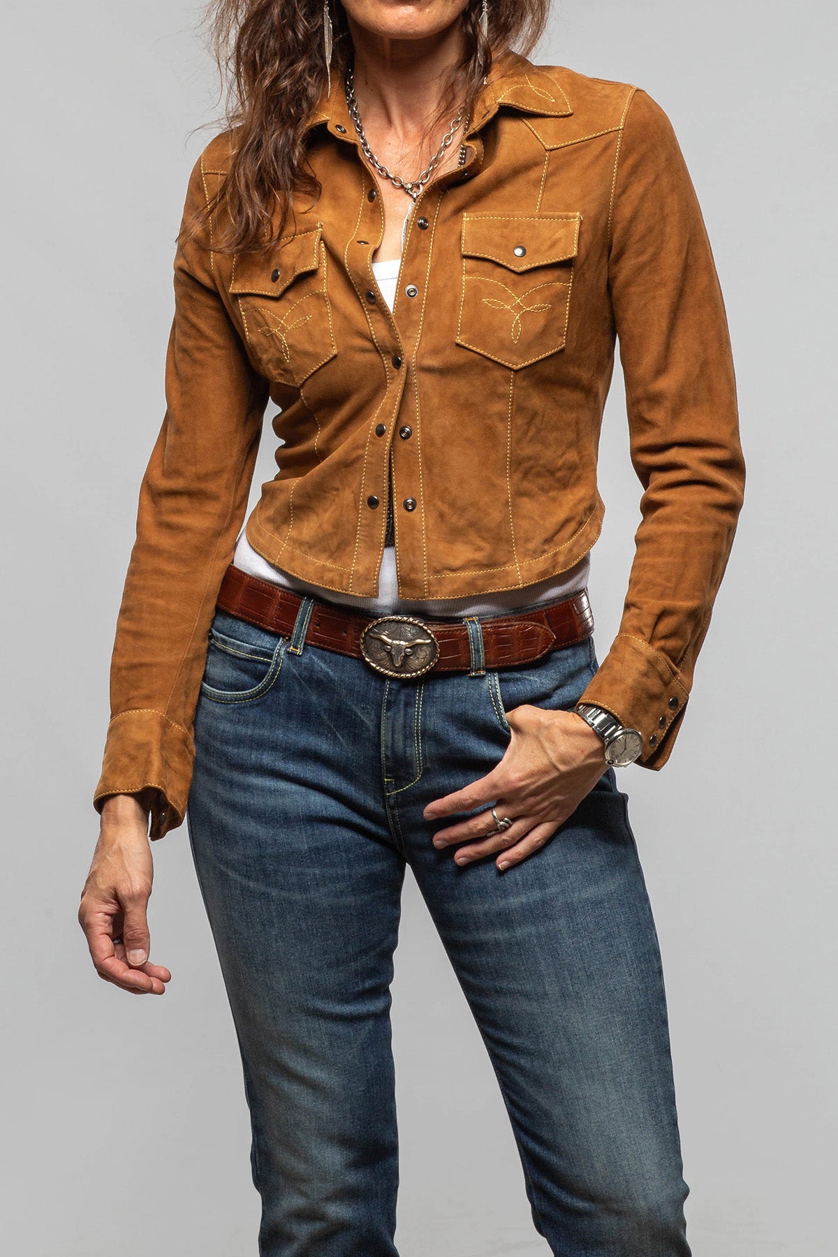 Axel's Renegade by Garrett Marty Suede Western Shirt In Cognac Ladies - Outerwear - Leather