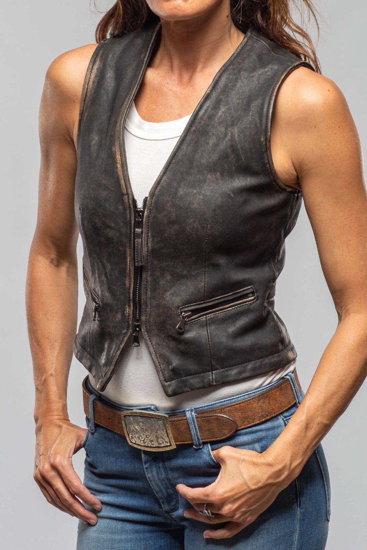 Axel's Renegade by Garrett Mavi Leather Zipper Vest In Vintage Black Ladies - Outerwear - Leather