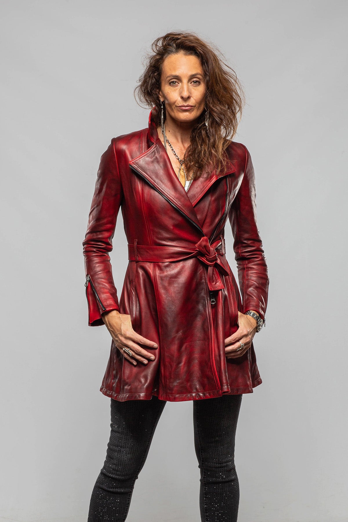 Axel's Renegade by Garrett Mori Belted Long Leather Jacket In Charred Red Ladies - Outerwear - Leather