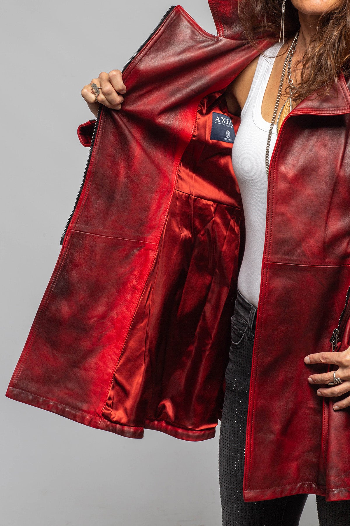 Axel's Renegade by Garrett Mori Belted Long Leather Jacket In Charred Red Ladies - Outerwear - Leather