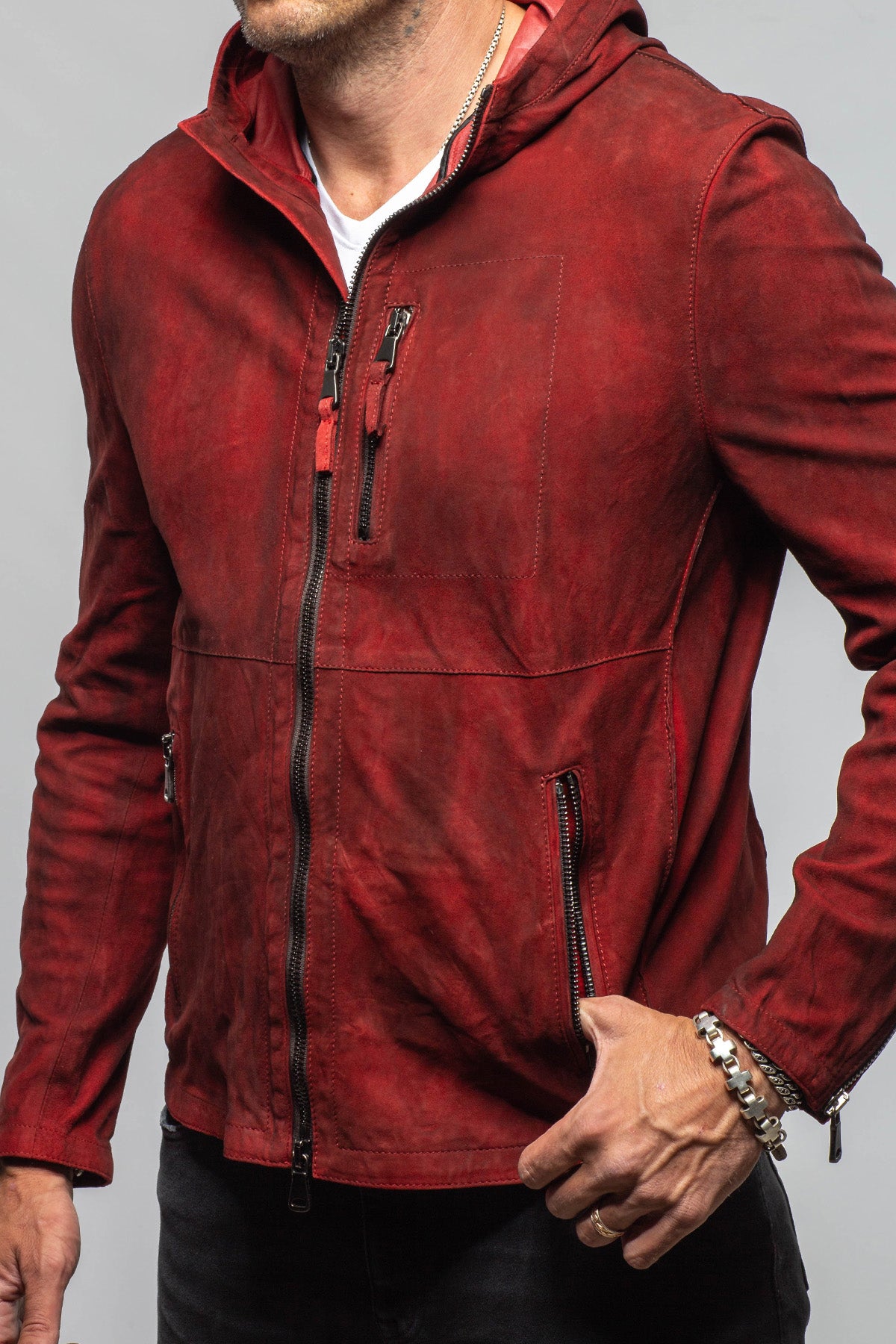 Axel's Renegade by Garrett Ozzy Hooded Moto In Burgundy Mens - Outerwear - Leather