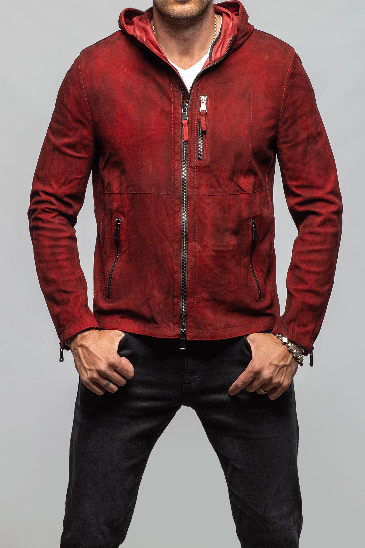 Axel's Renegade by Garrett Ozzy Hooded Moto In Burgundy Mens - Outerwear - Leather