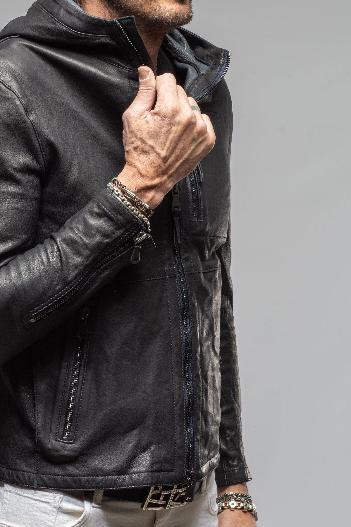 Axel's Renegade by Garrett Ozzy Hooded Moto In Navy Mens - Outerwear - Leather