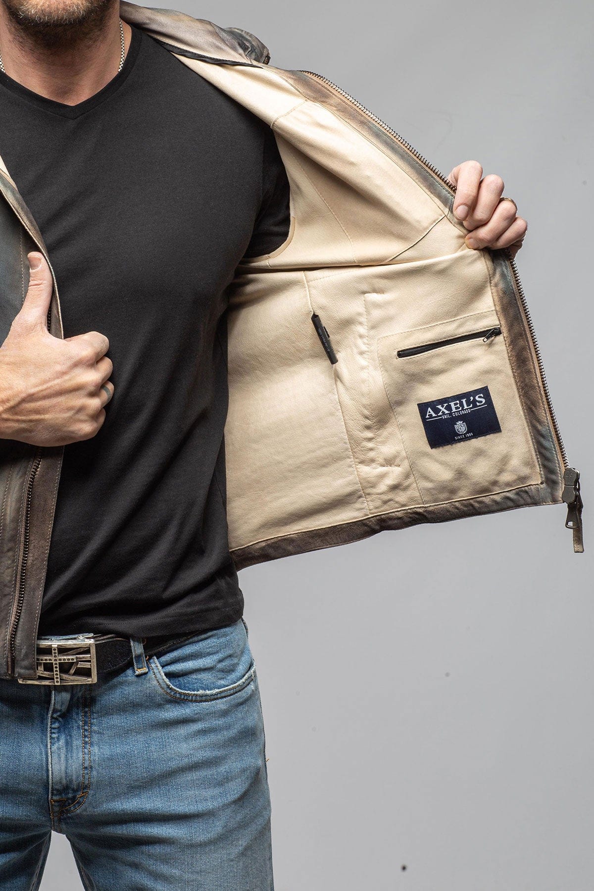 Axel's Renegade by Garrett Ozzy Hooded Moto In Washed Blue Mens - Outerwear - Leather