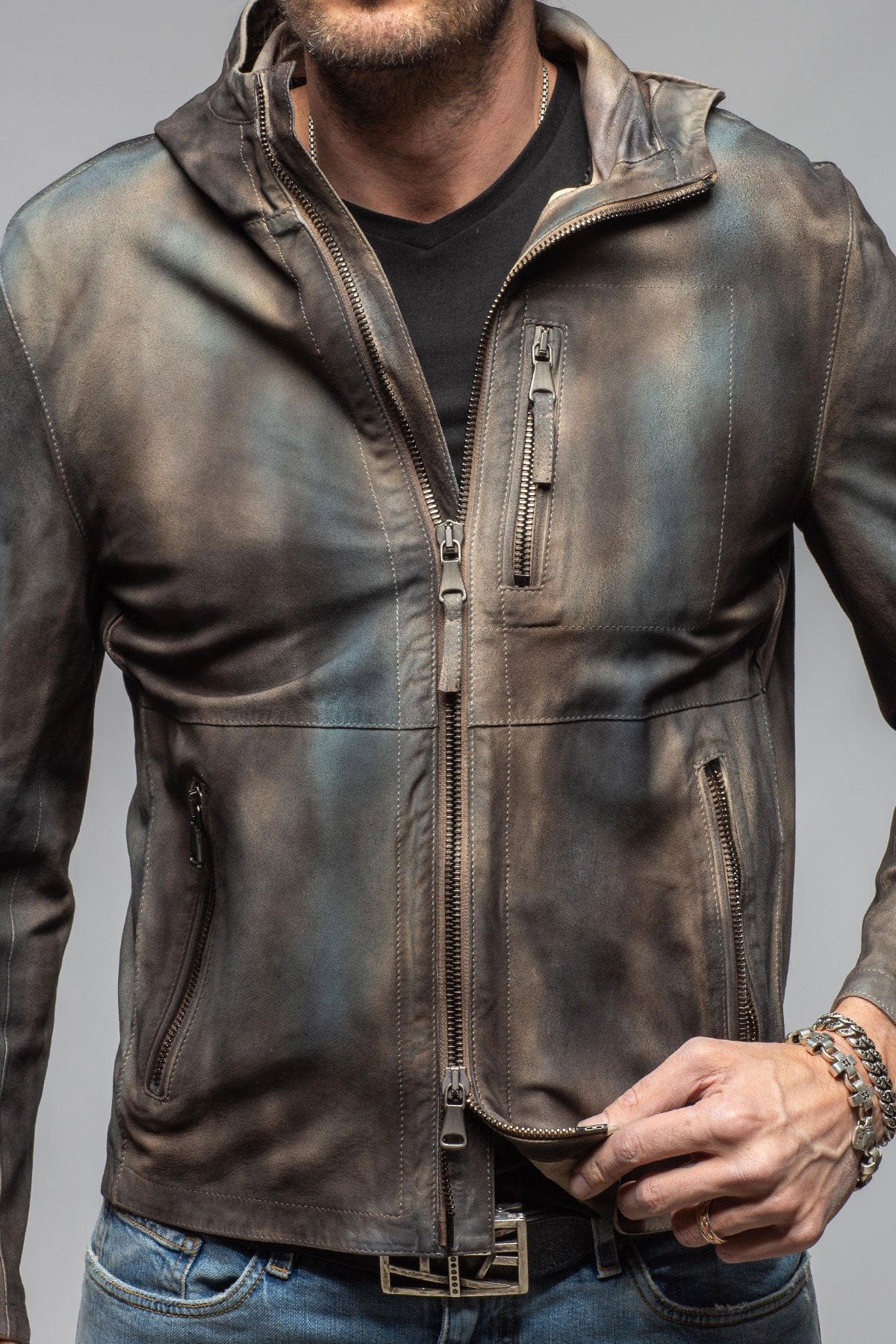 Axel's Renegade by Garrett Ozzy Hooded Moto In Washed Blue Mens - Outerwear - Leather