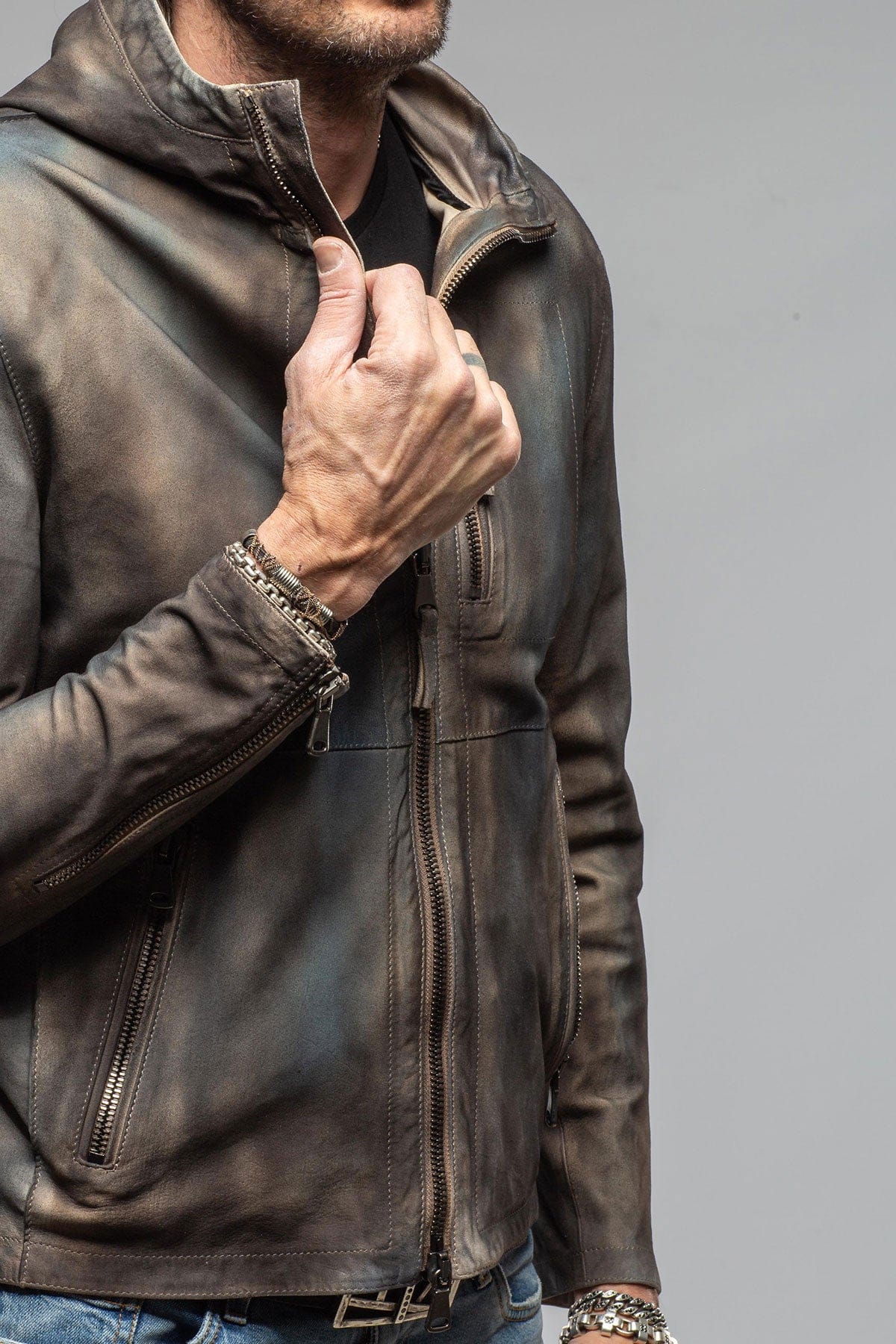 Axel's Renegade by Garrett Ozzy Hooded Moto In Washed Blue Mens - Outerwear - Leather