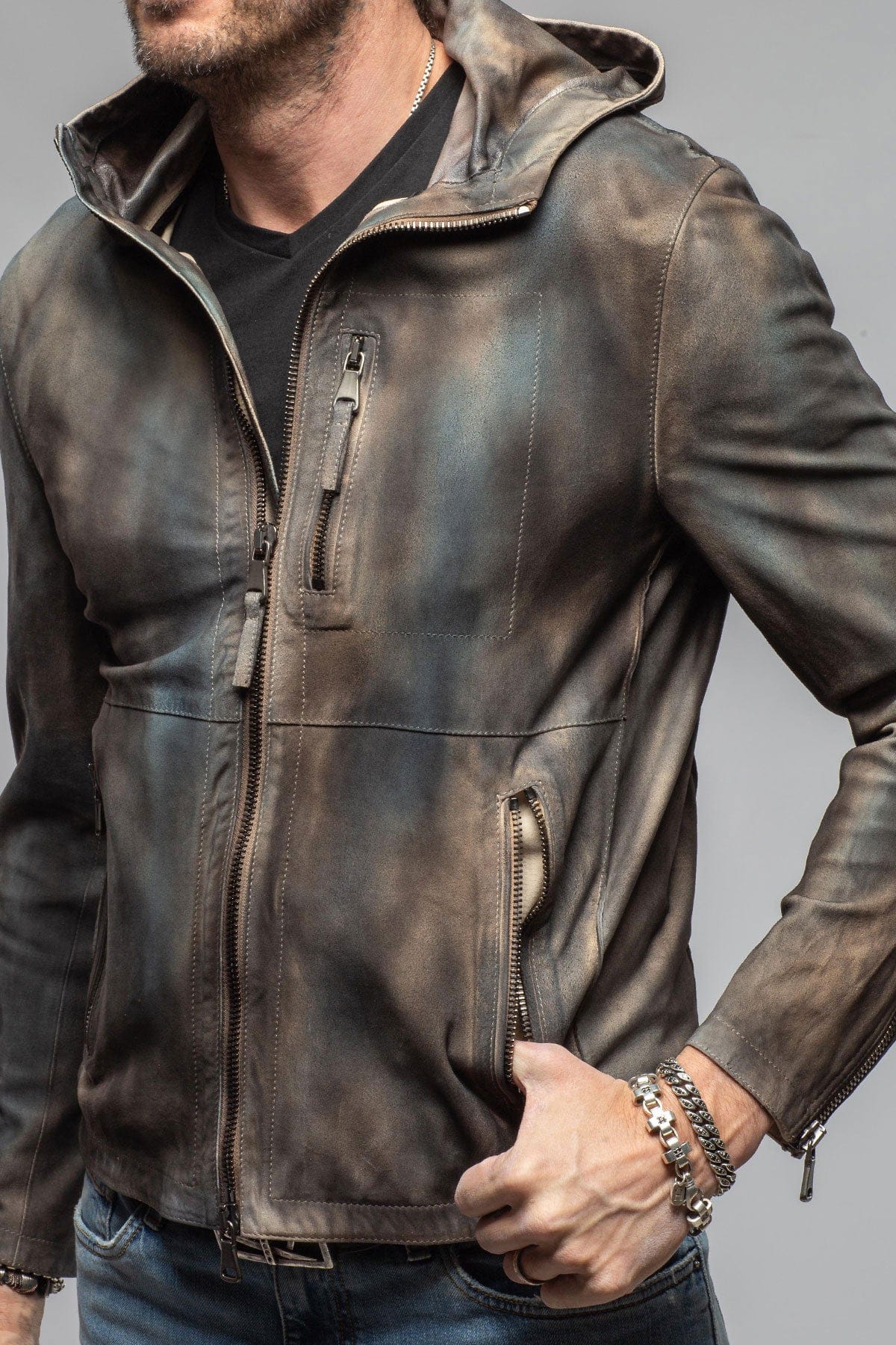 Axel's Renegade by Garrett Ozzy Hooded Moto In Washed Blue Mens - Outerwear - Leather