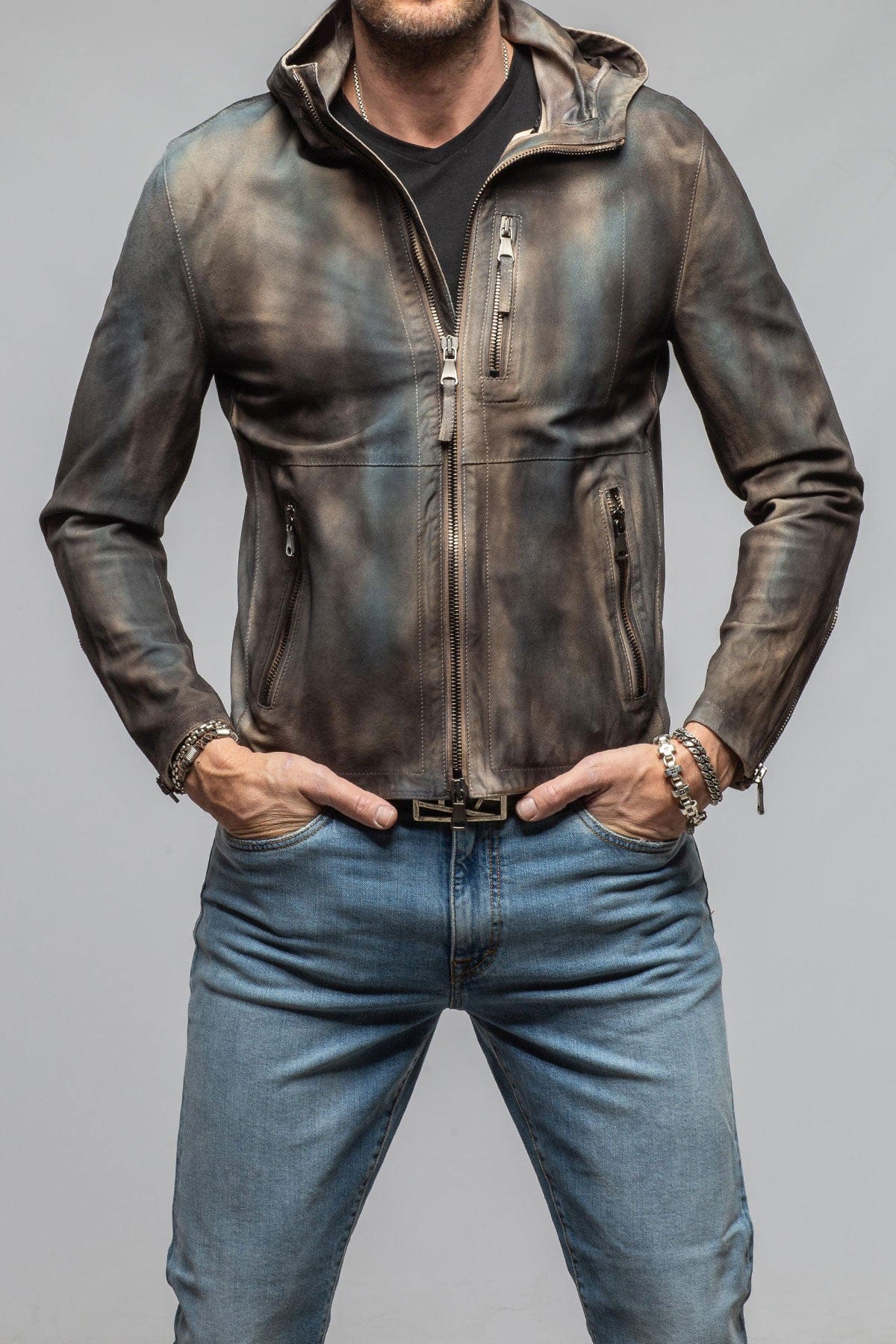 Axel's Renegade by Garrett Ozzy Hooded Moto In Washed Blue Mens - Outerwear - Leather