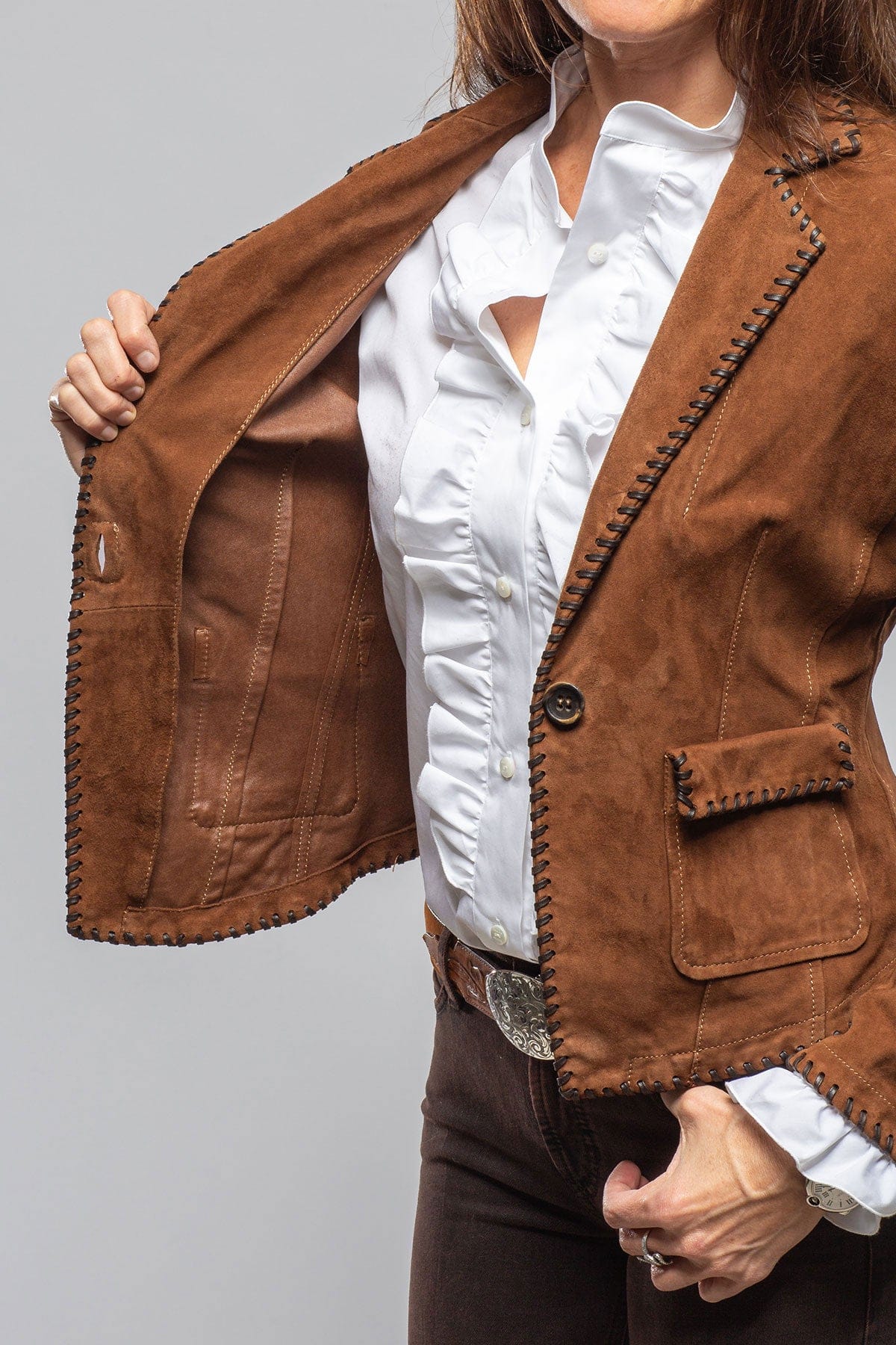 Axel's Renegade by Garrett Remuda Suede Whipstich Blazer In Cognac Ladies - Outerwear - Leather