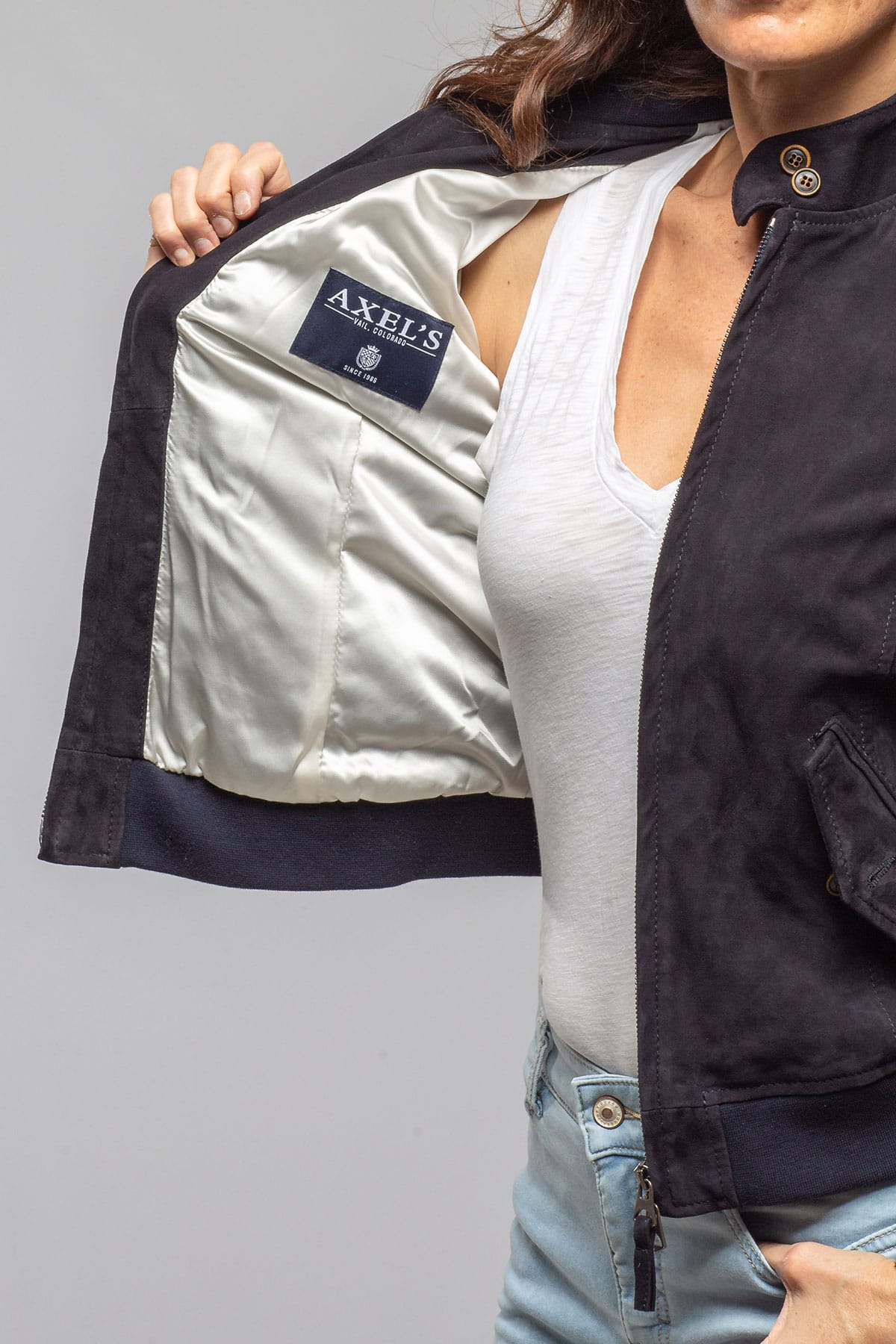 Ruthie Suede Baseball Jacket In Navy - AXEL'S