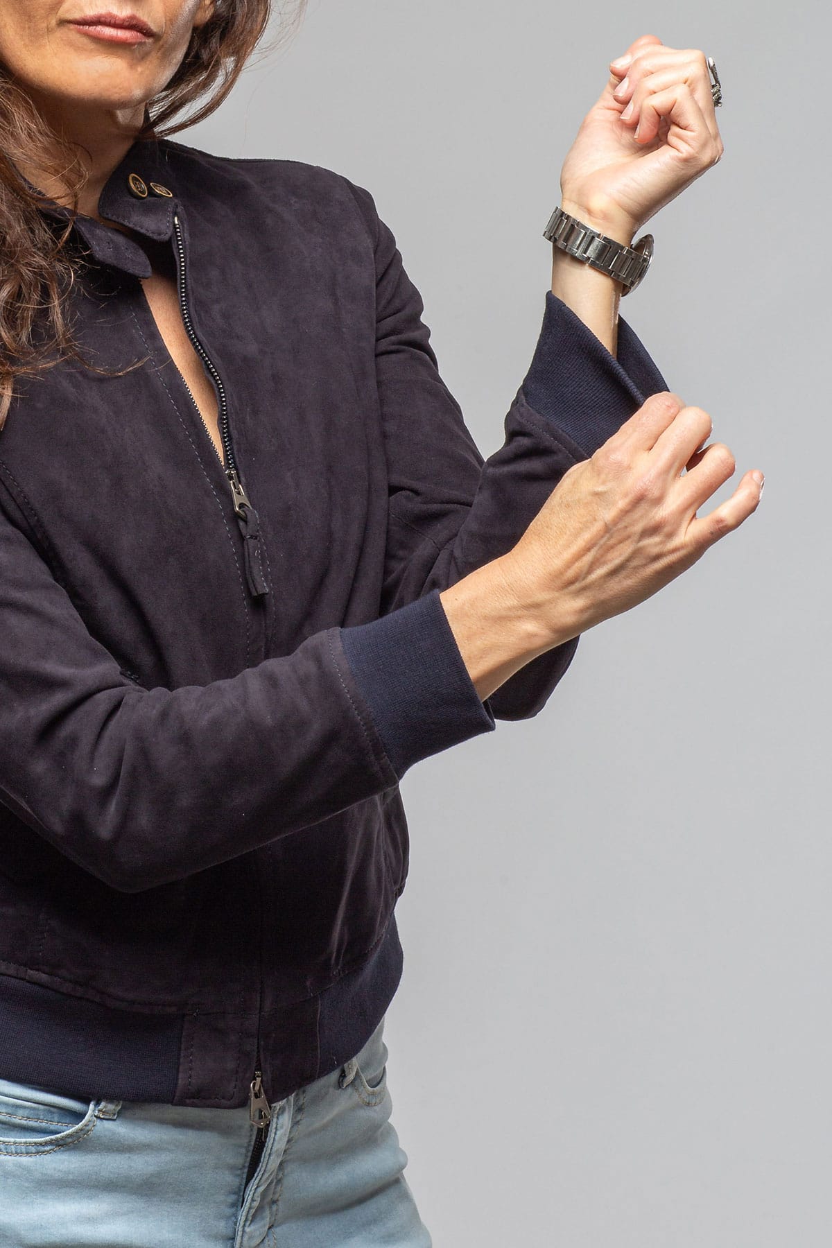 Ruthie Suede Baseball Jacket In Navy - AXEL'S