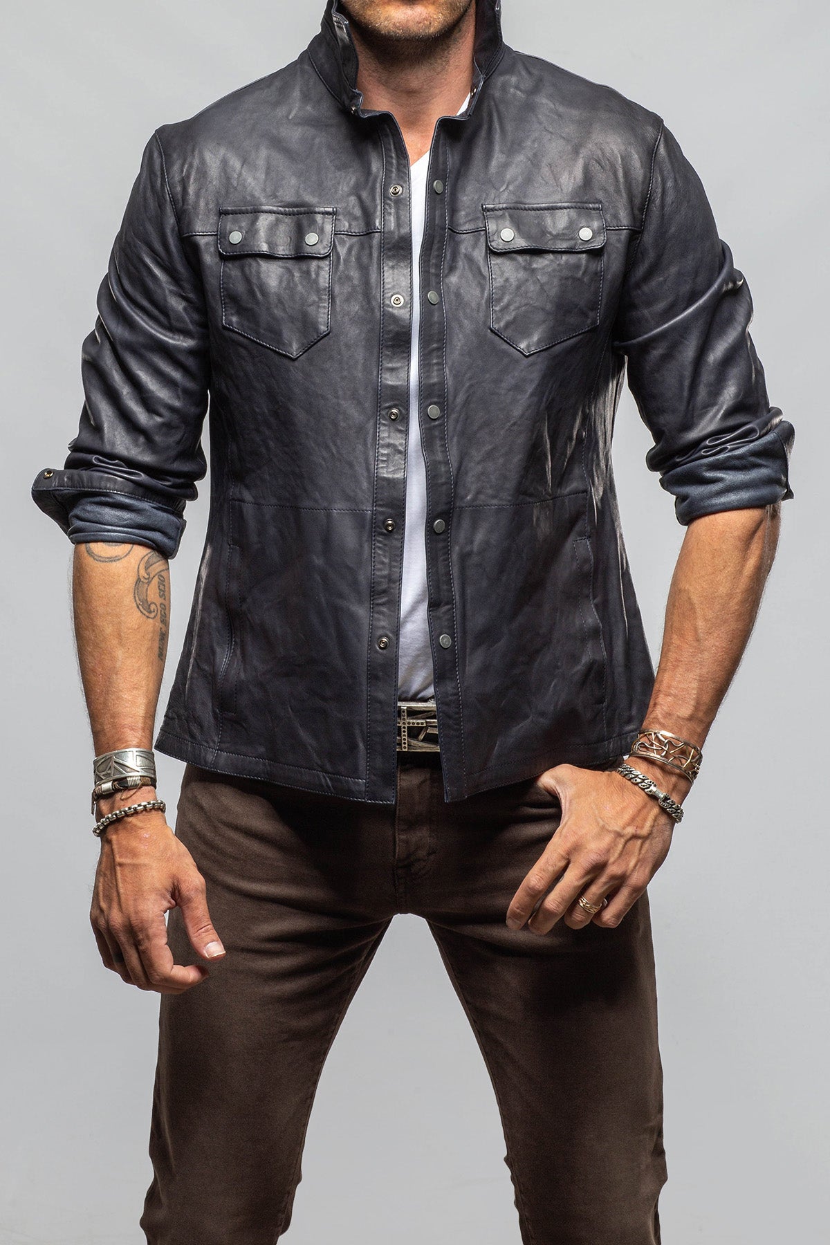 Axel's Renegade by Garrett Tame Leather Shirt In Navy Mens - Outerwear - Leather