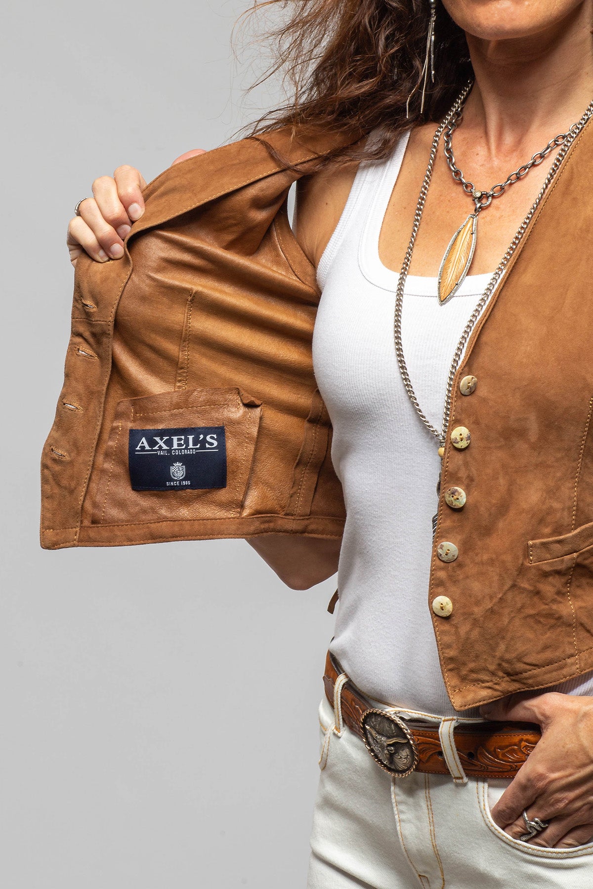 Axel's Renegade by Garrett Tina Suede Button Vest In Whiskey Ladies - Outerwear - Leather