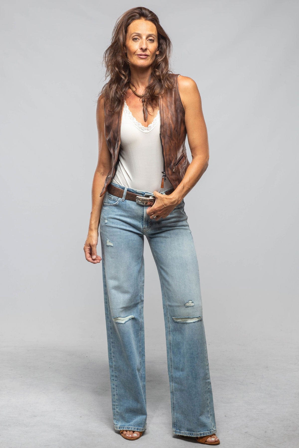 Mavi Leather Zipper Vest In Cognac - AXEL'S