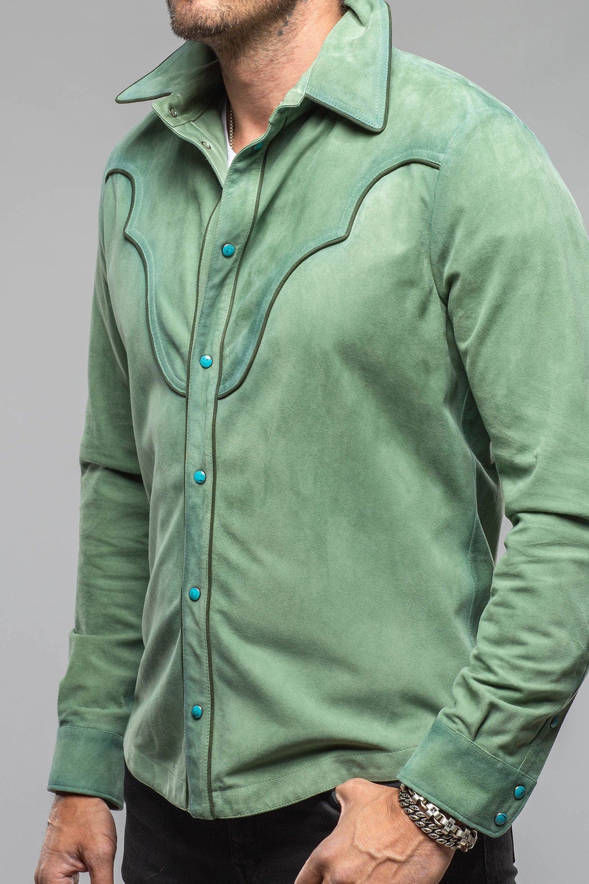 Axel's Stil Corzo Western Suede Overshirt In Green | Mens - Outerwear - Leather