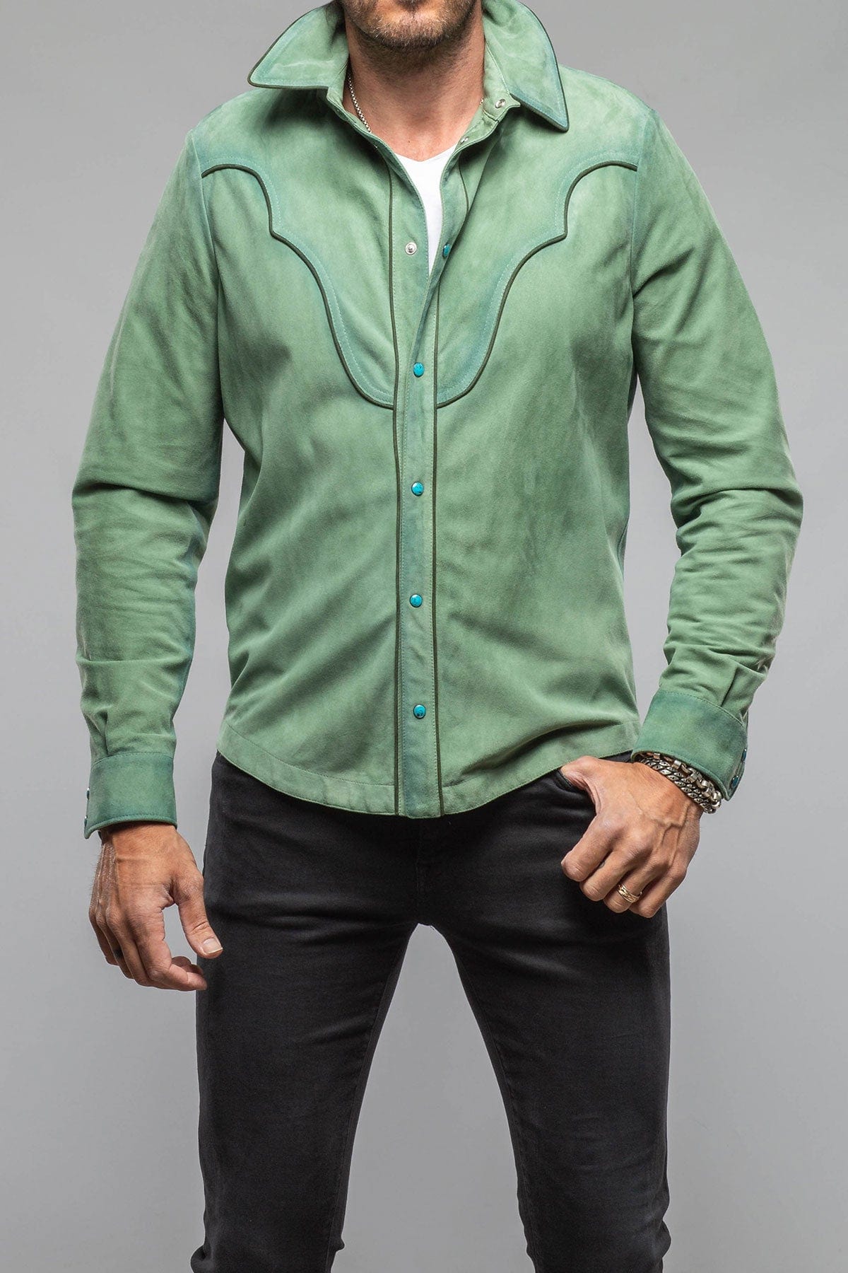 Axel's Stil Corzo Western Suede Overshirt In Green | Mens - Outerwear - Leather