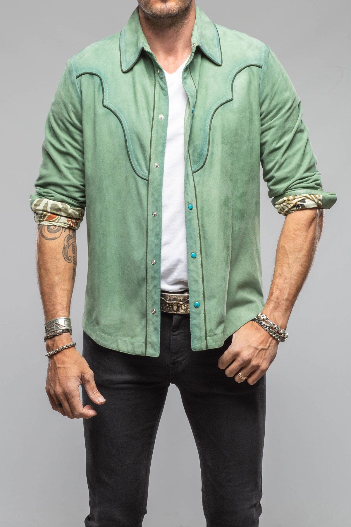 Axel's Stil Corzo Western Suede Overshirt In Green | Mens - Outerwear - Leather
