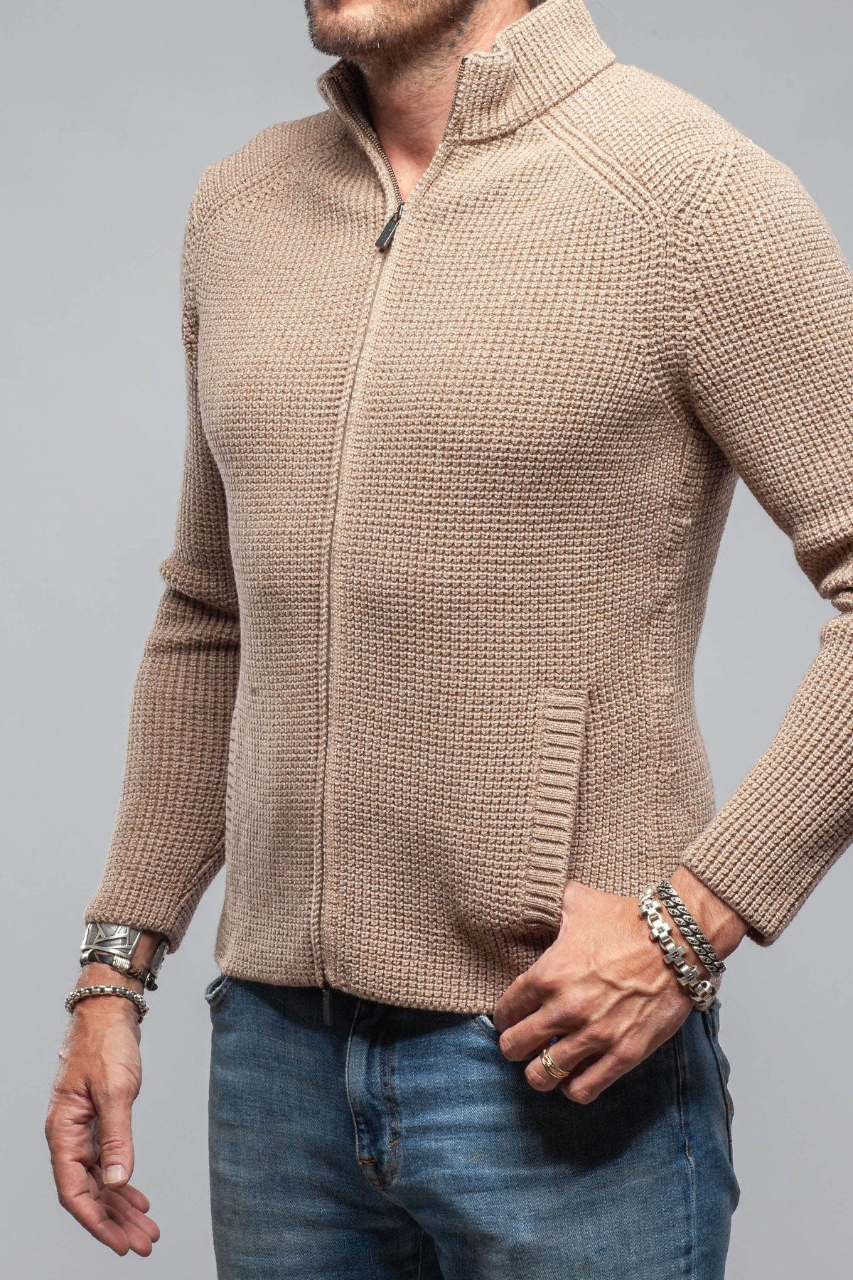 Axels-BDSR Timberline Woven Sweater Jacket In Beige Mens - Sweaters