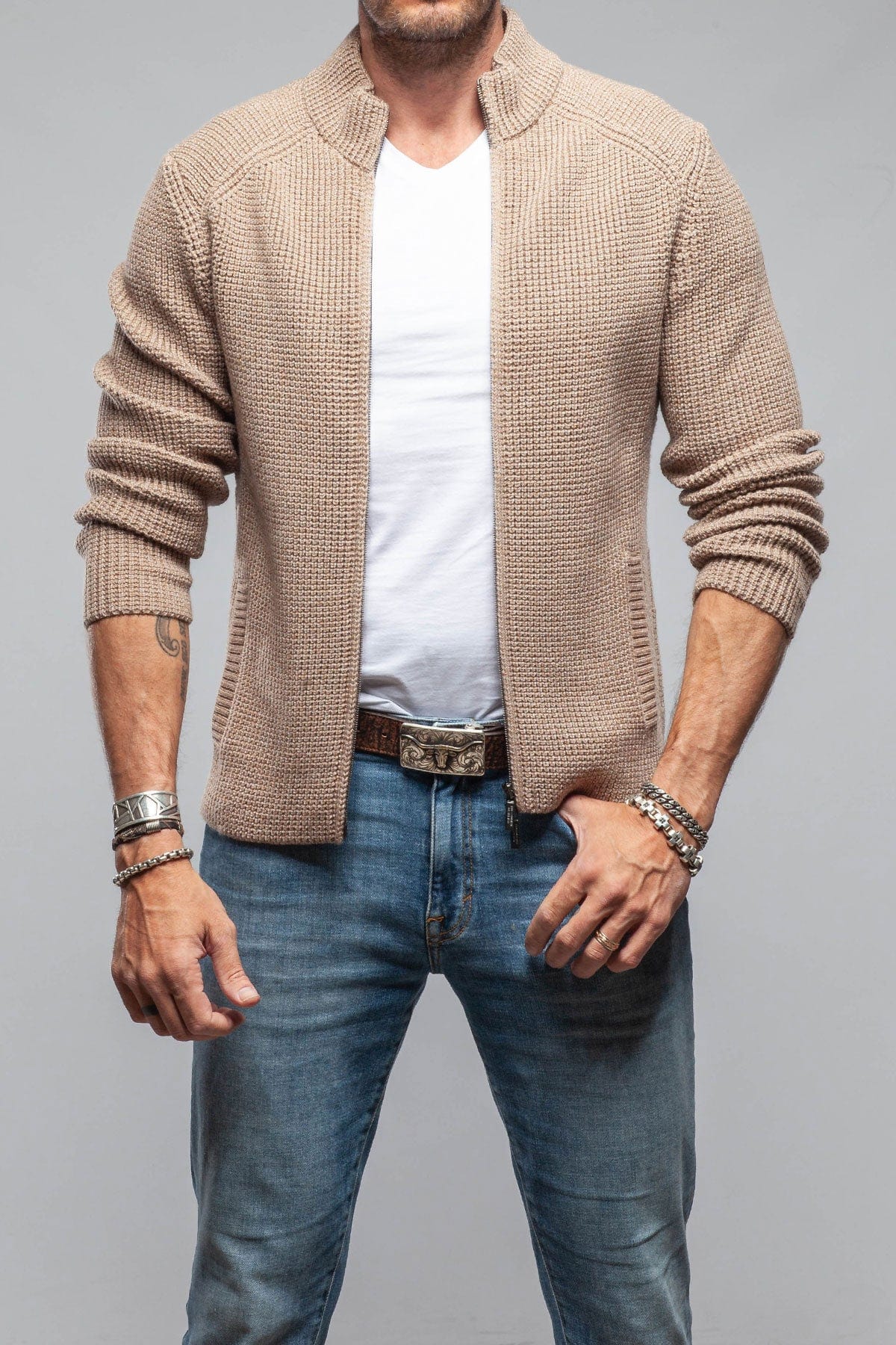 Axels-BDSR Timberline Woven Sweater Jacket In Beige Mens - Sweaters