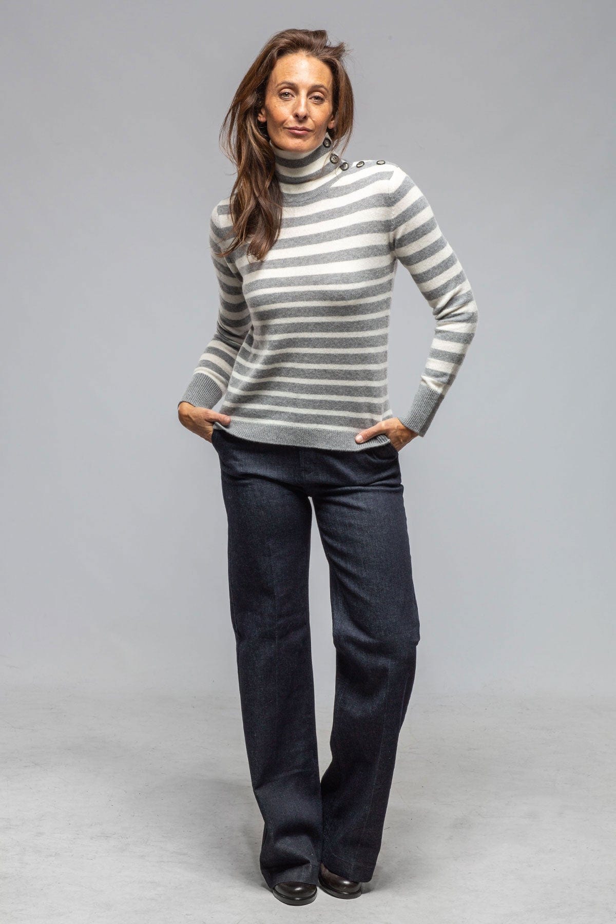 Axels Georgi Cashmere Striped Button Collar In Grigo/Luna | Ladies - Sweaters