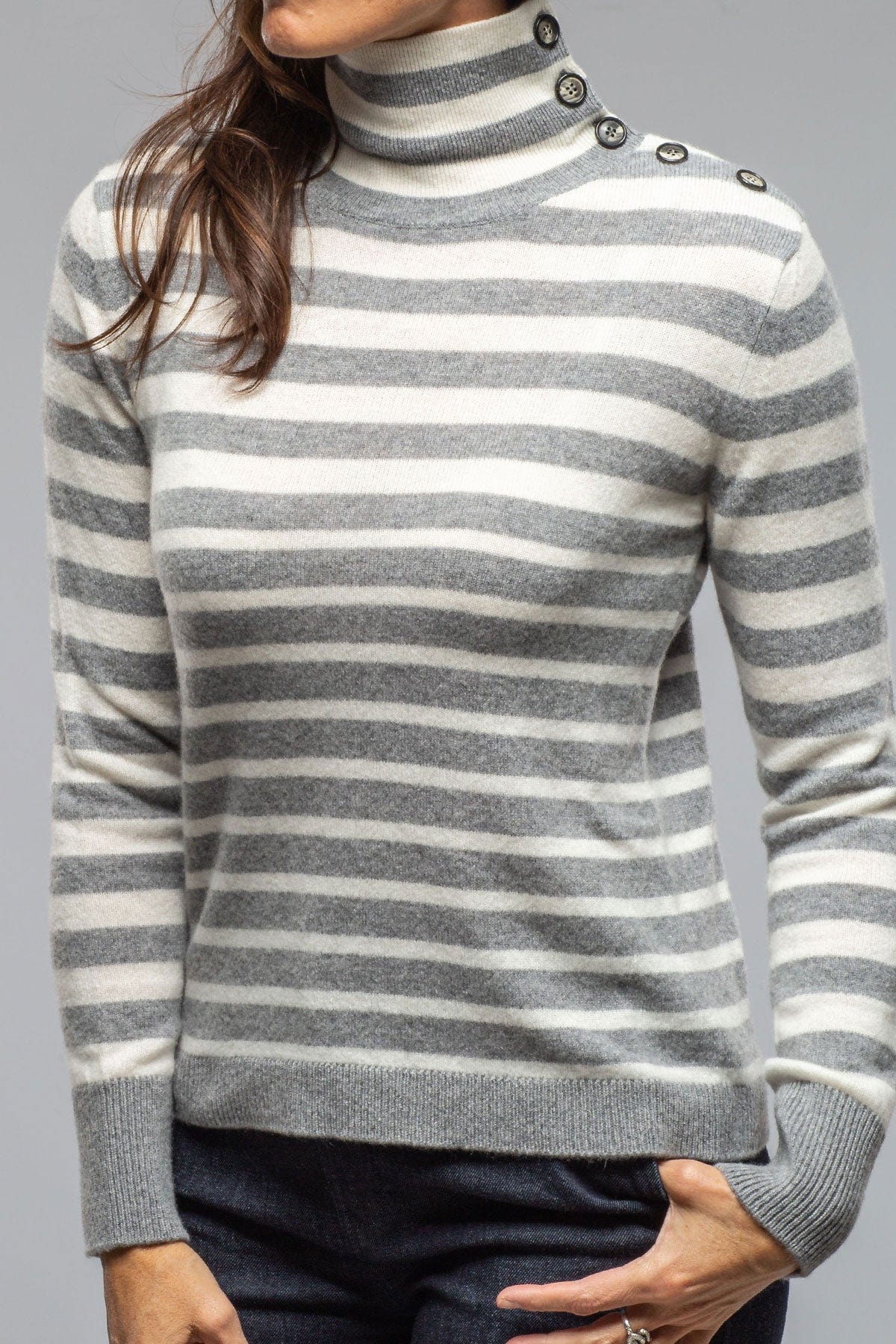 Axels Georgi Cashmere Striped Button Collar In Grigo/Luna | Ladies - Sweaters