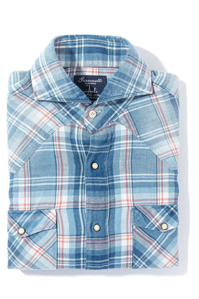 Capay Western Shirt in Blue Ivory and Pink - AXEL'S