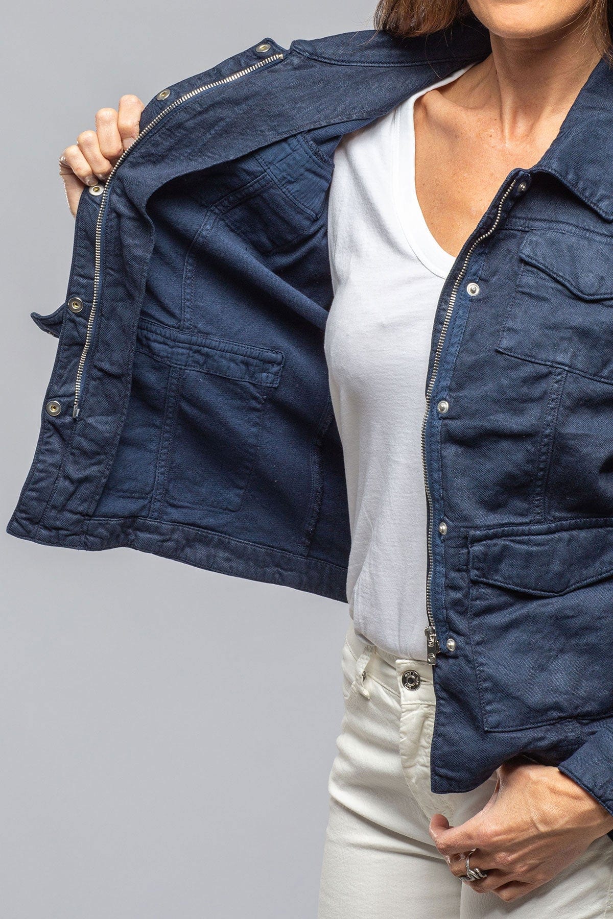 Axels Premium Denim Beale Cotton Linen Jacket In Navy Ladies - Outerwear - Cloth