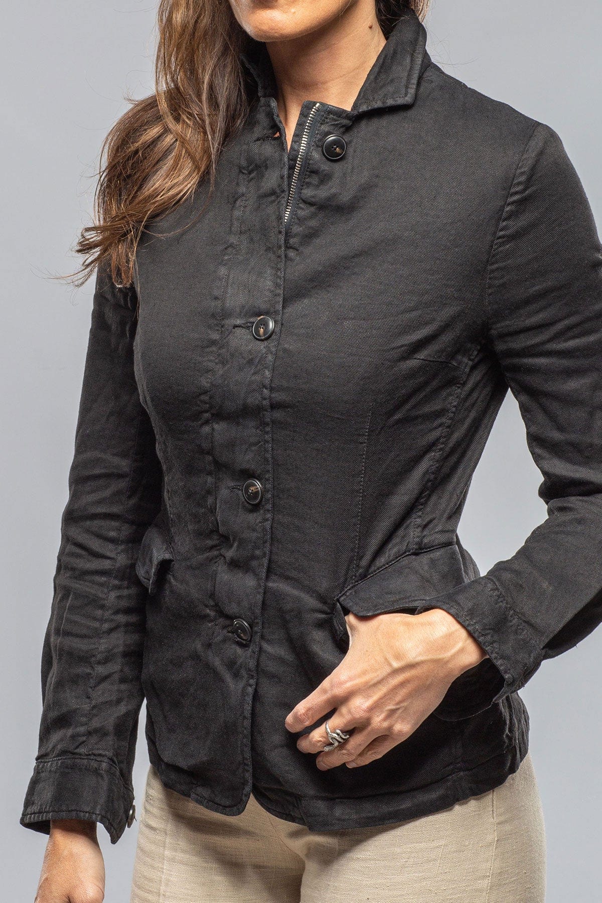 Axels Premium Denim Chama Cotton Linen Washed Blazer Jacket In Black Ladies - Outerwear - Cloth