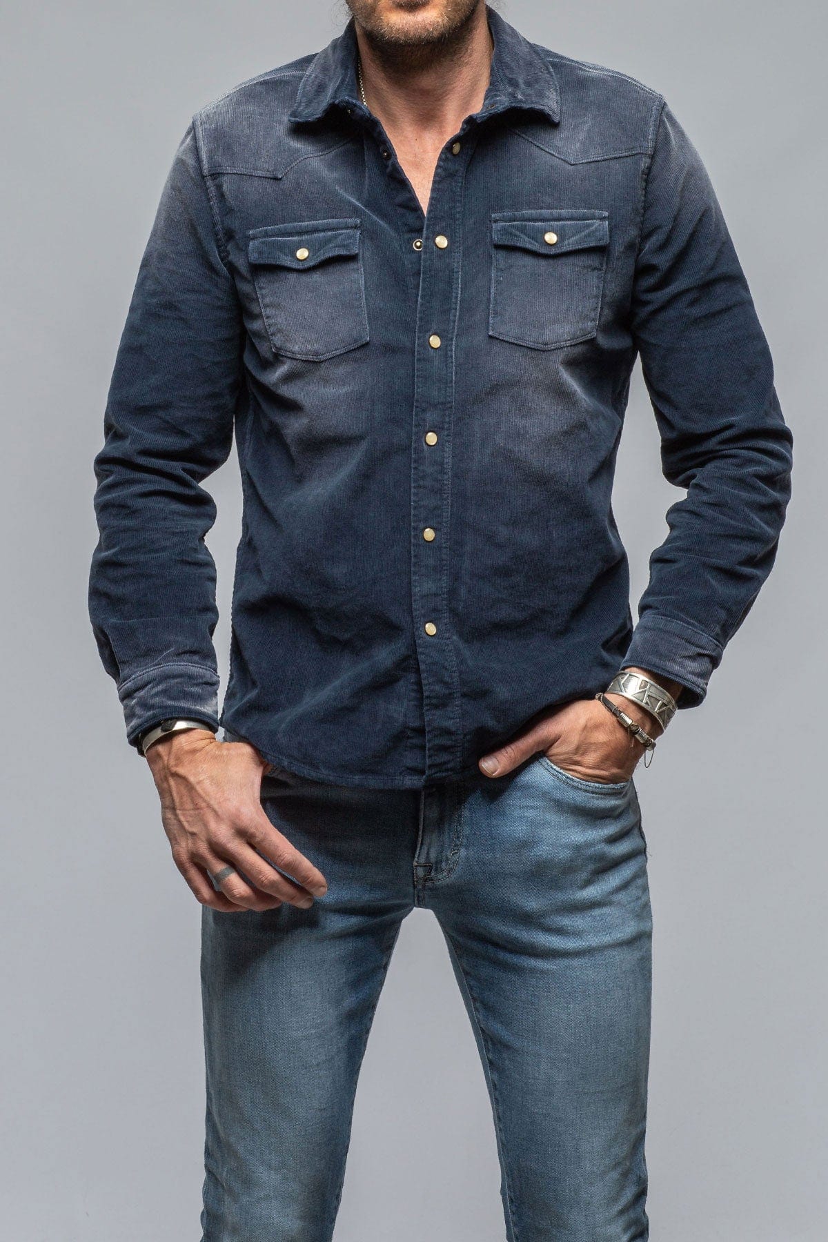 Prime Western Corduroy Snap Shirt In Navy - AXEL'S