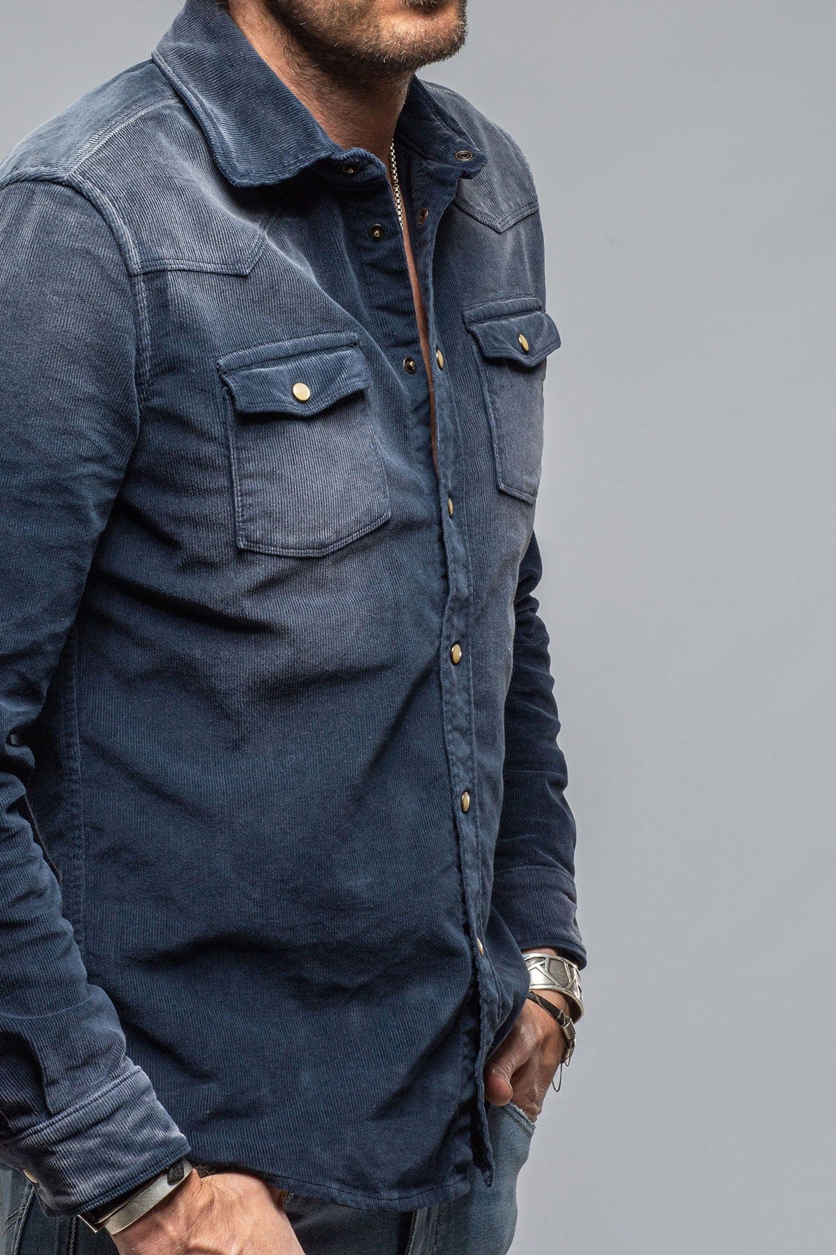 Prime Western Corduroy Snap Shirt In Navy - AXEL'S