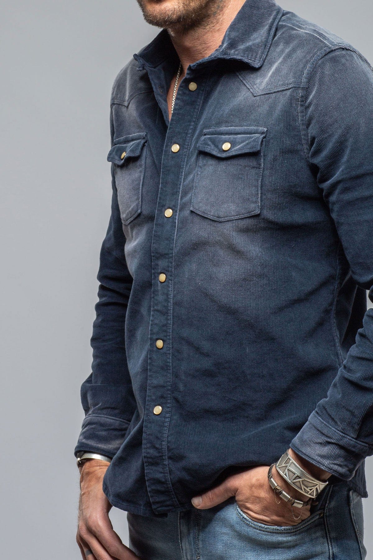 Prime Western Corduroy Snap Shirt In Navy - AXEL'S