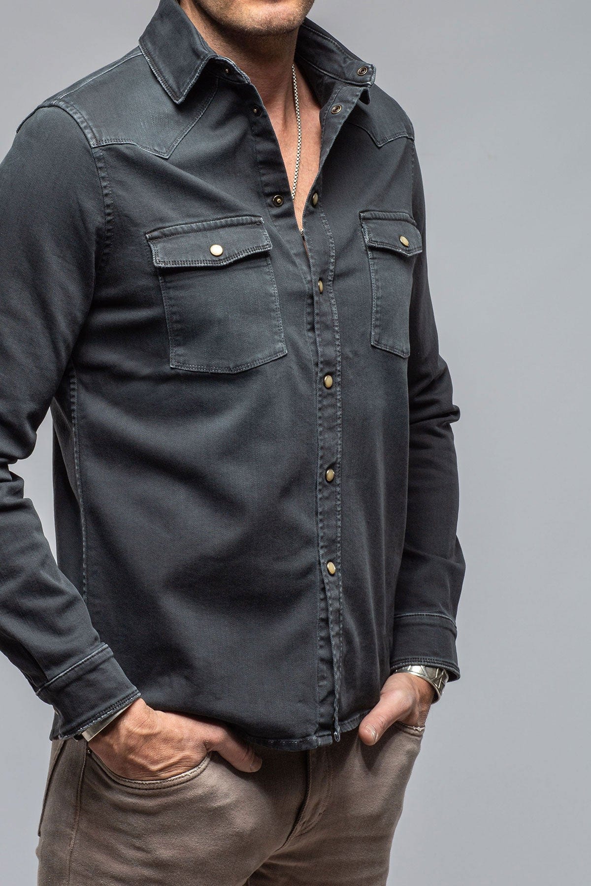 Ranger Colored Denim Snap Shirt In Anthracite - AXEL'S