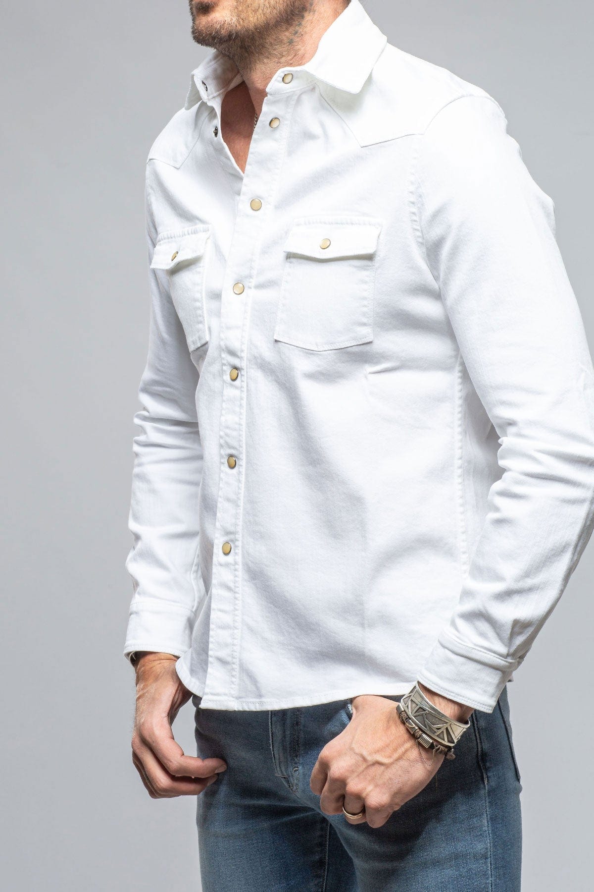 Axel's Premium Denim Ranger Colored Denim Snap Shirt In White