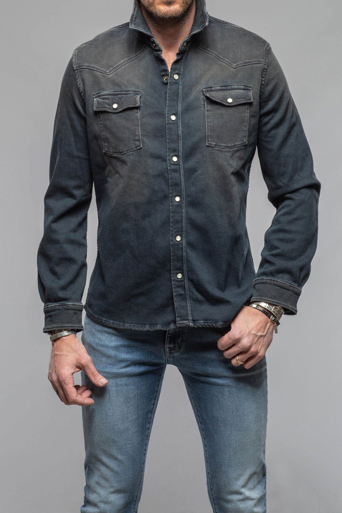 Axel's Premium Denim Roper Over-Dyed Western Snap Shirt In Anthracite | Mens - Shirts