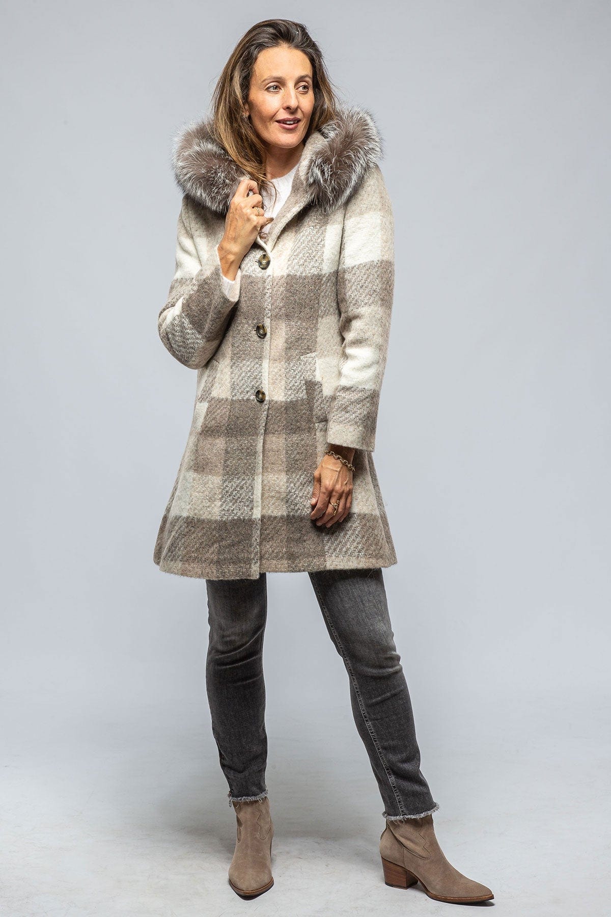 Celine Plaid Coat W/ Fur Trim Hood In Beige - AXEL'S